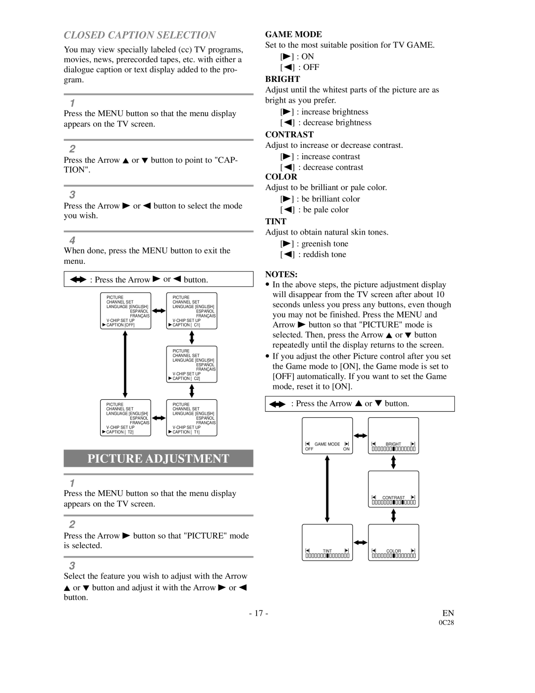 FUNAI 6513DA owner manual Picture Adjustment, Closed Caption Selection 