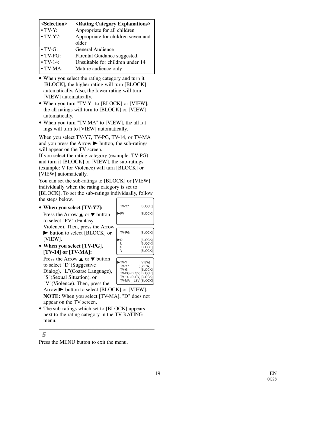 FUNAI 6513DA owner manual When you select TV-Y7, When you select TV-PG, TV-14 or TV-MA 