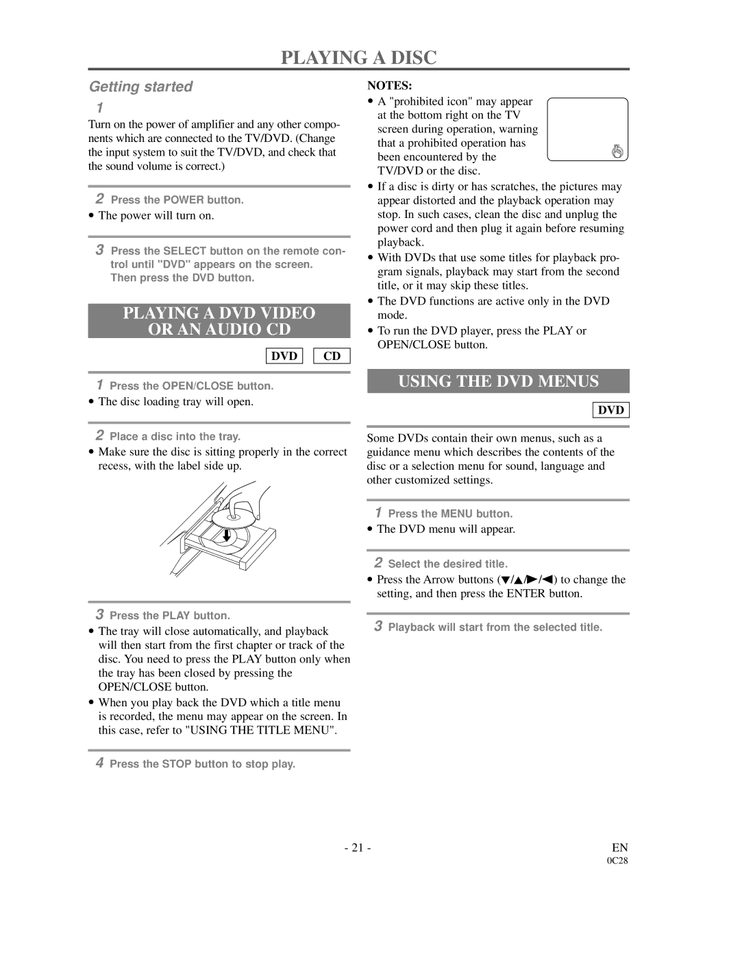 FUNAI 6513DA owner manual Playing a Disc, Playing a DVD Video Or AN Audio CD, Using the DVD Menus, Dvd Cd 