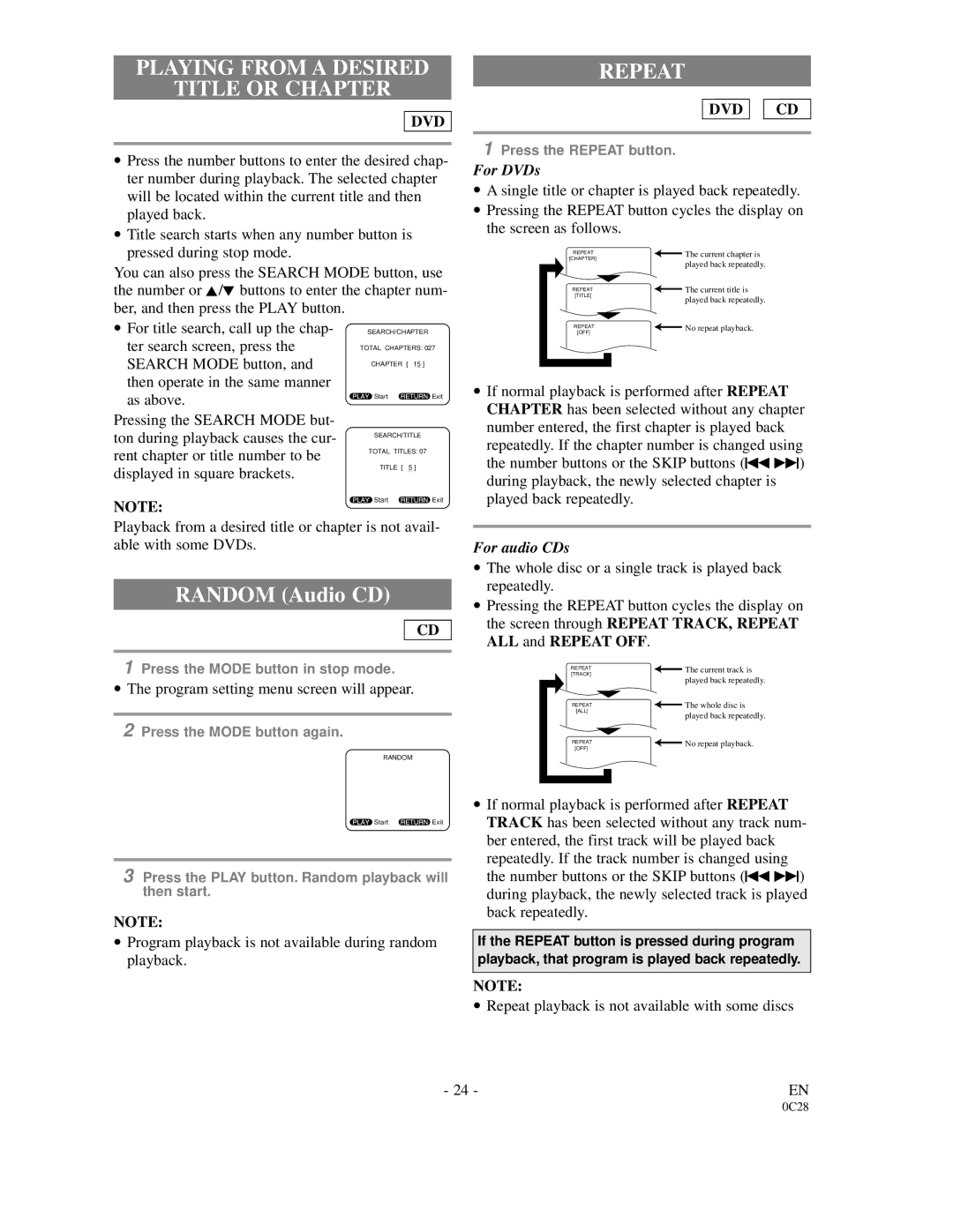 FUNAI 6513DA owner manual Playing from a Desired Title or Chapter, Repeat, Program setting menu screen will appear 