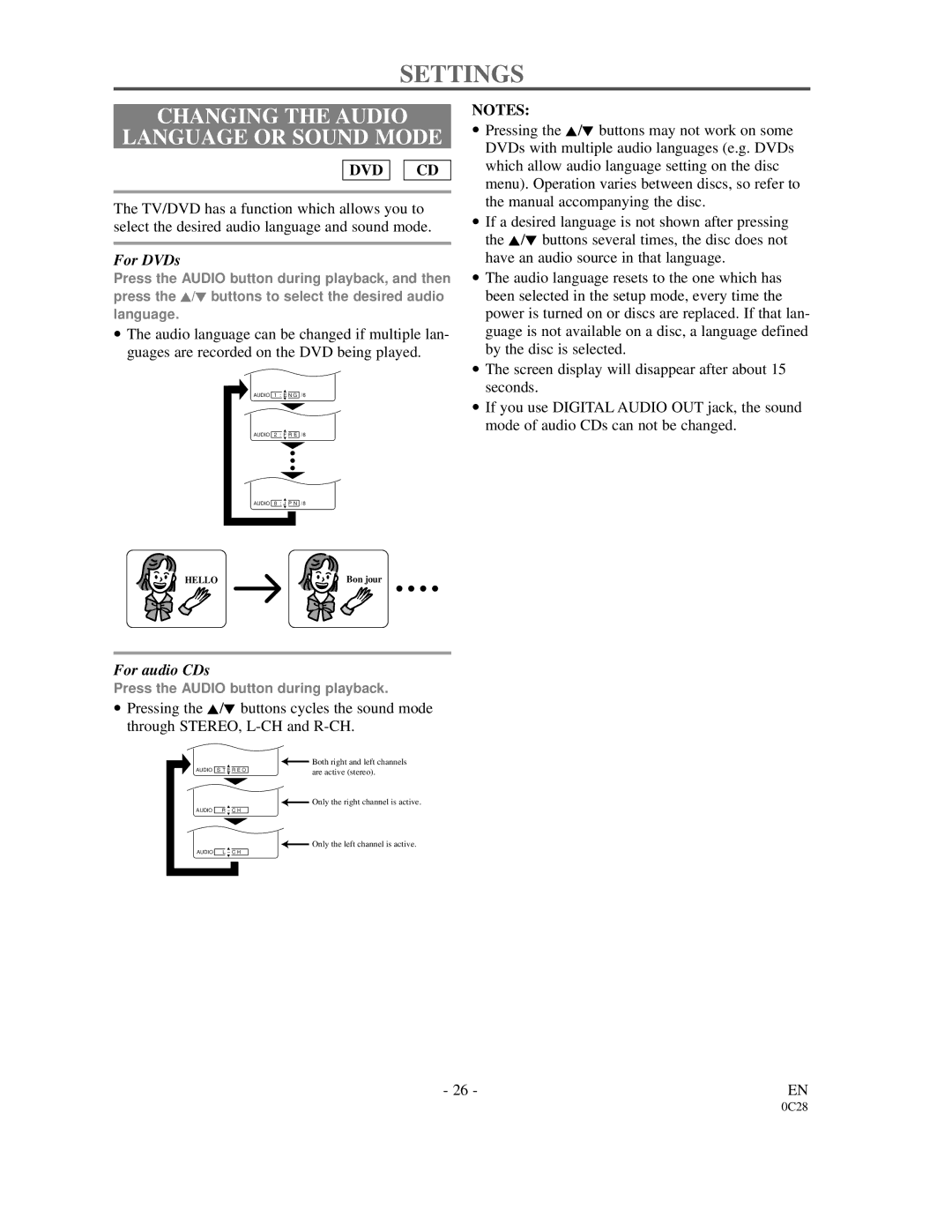 FUNAI 6513DA owner manual Settings, Changing the Audio Language or Sound Mode 