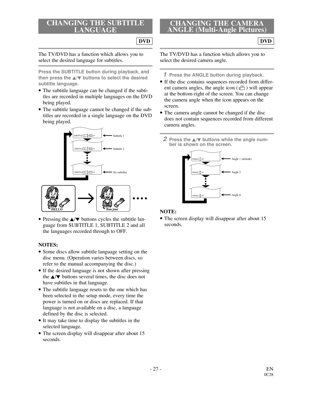 FUNAI 6513DA owner manual Changing the Subtitle Language, Changing the Camera Angle Multi-Angle Pictures 