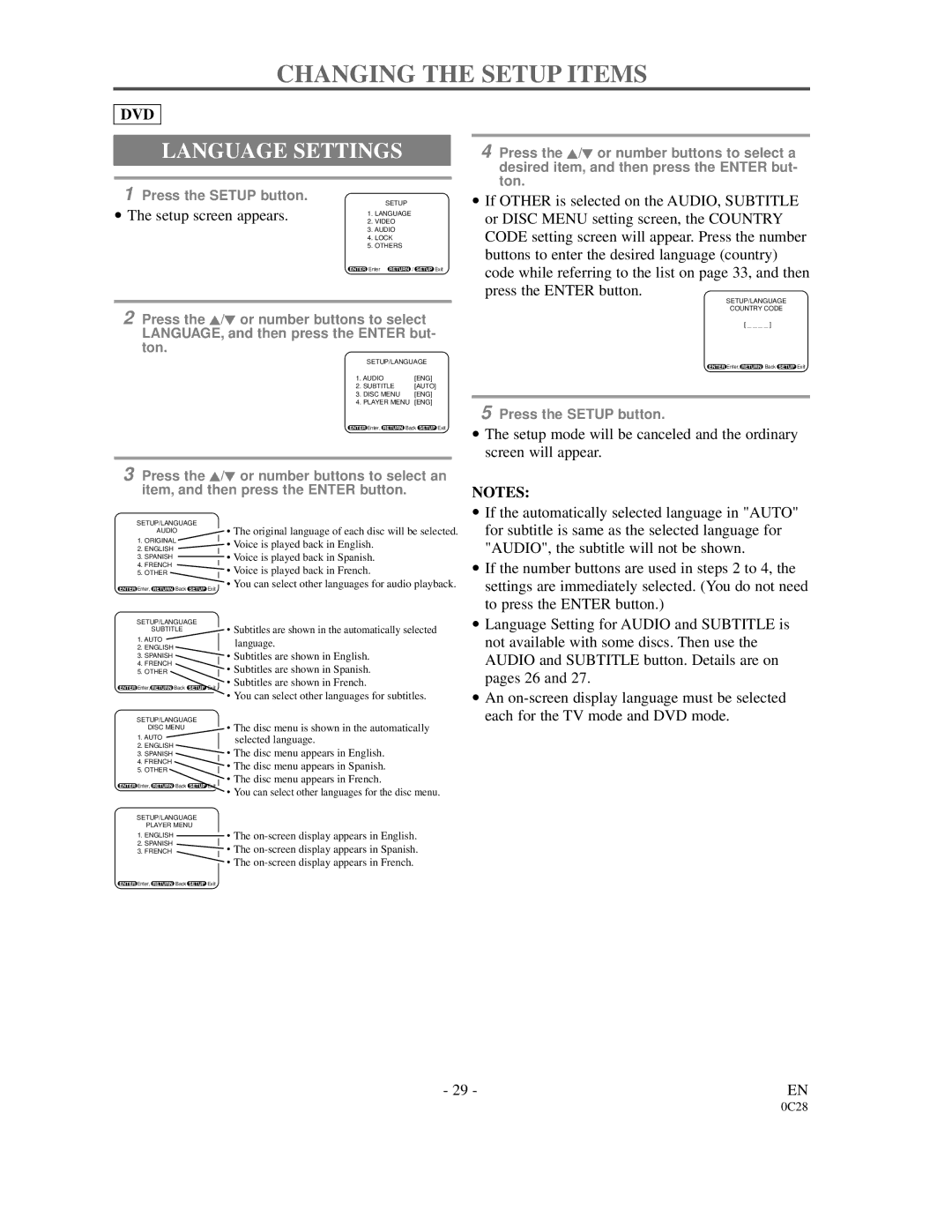 FUNAI 6513DA owner manual Changing the Setup Items, Language Settings, Setup screen appears 