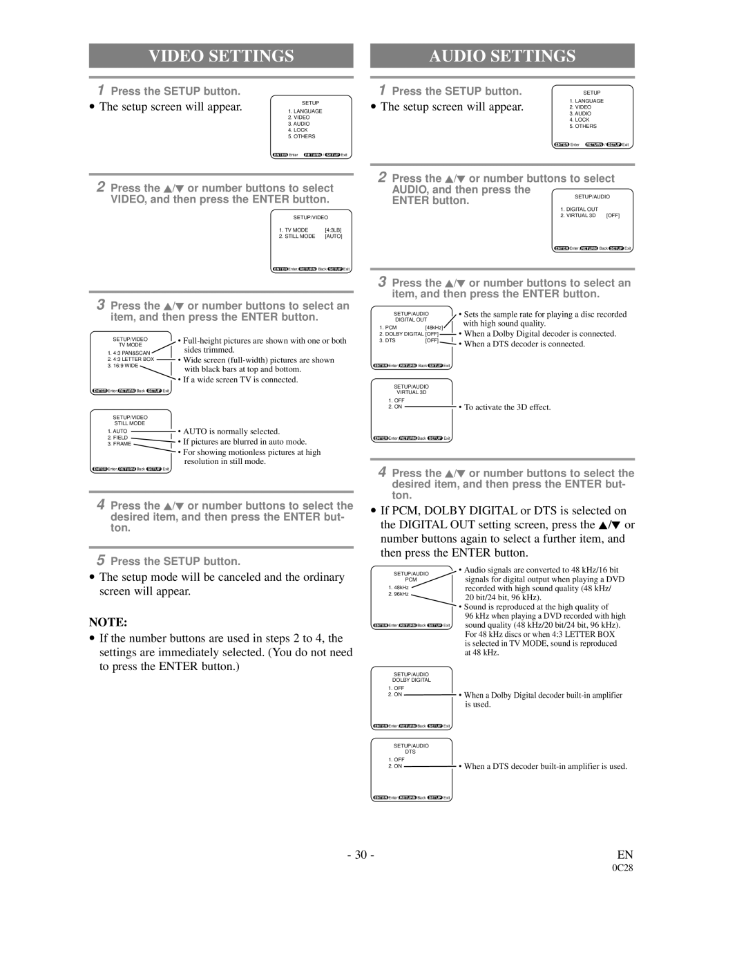 FUNAI 6513DA owner manual Video Settings, Audio Settings 