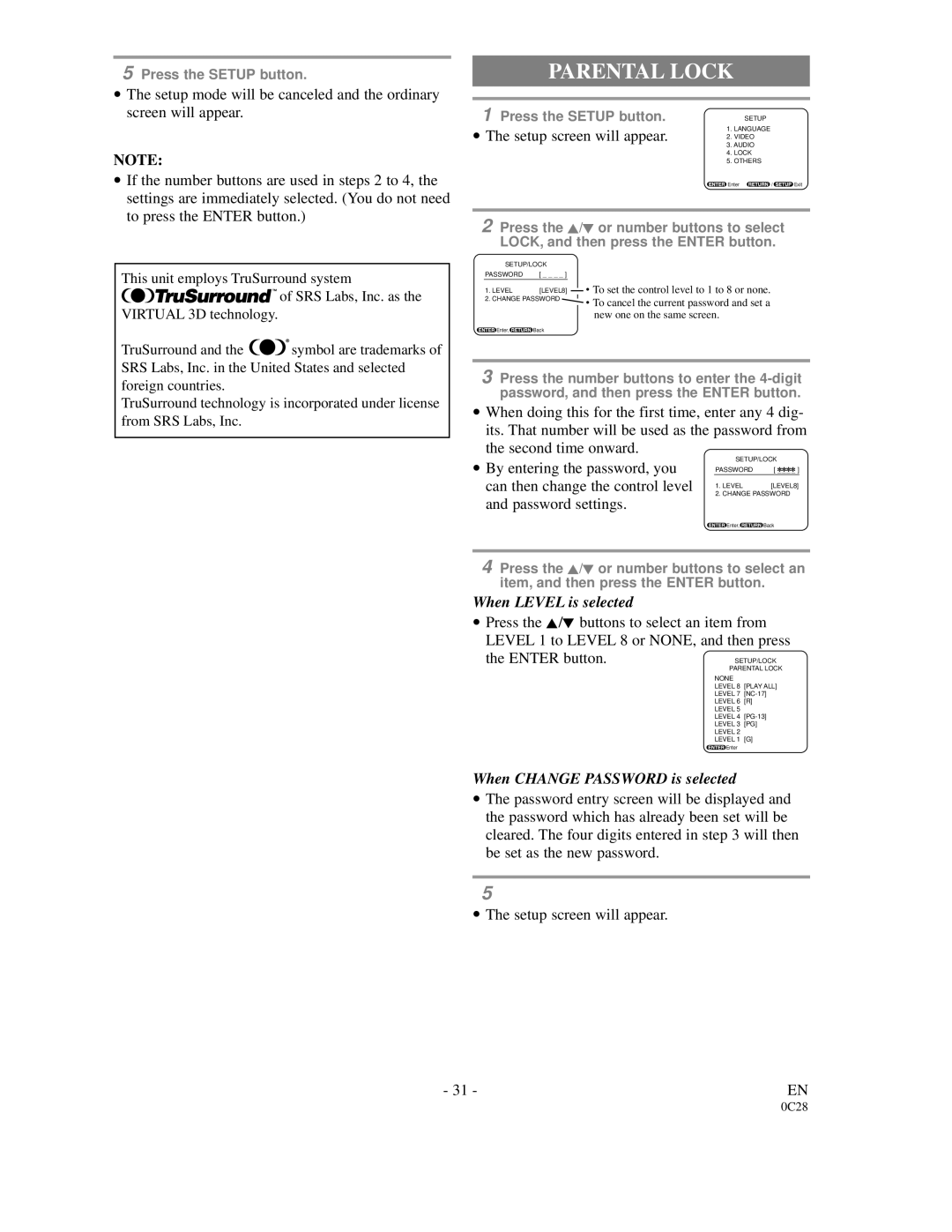 FUNAI 6513DA owner manual Parental Lock, Can then change the control level, Password settings 