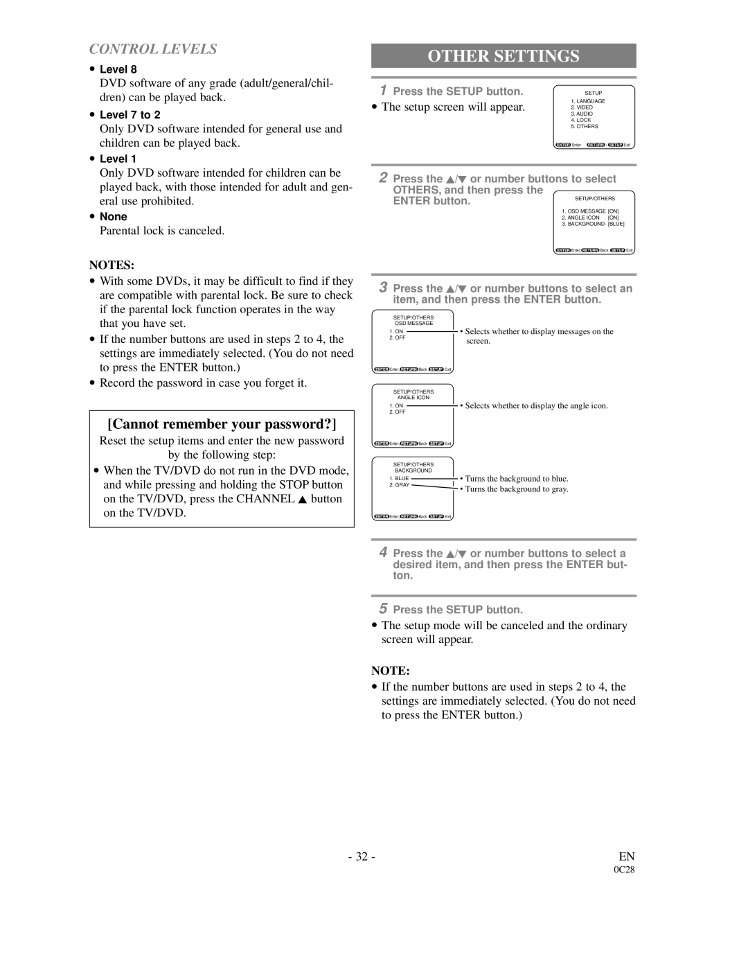 FUNAI 6513DA owner manual Other Settings, Control Levels 