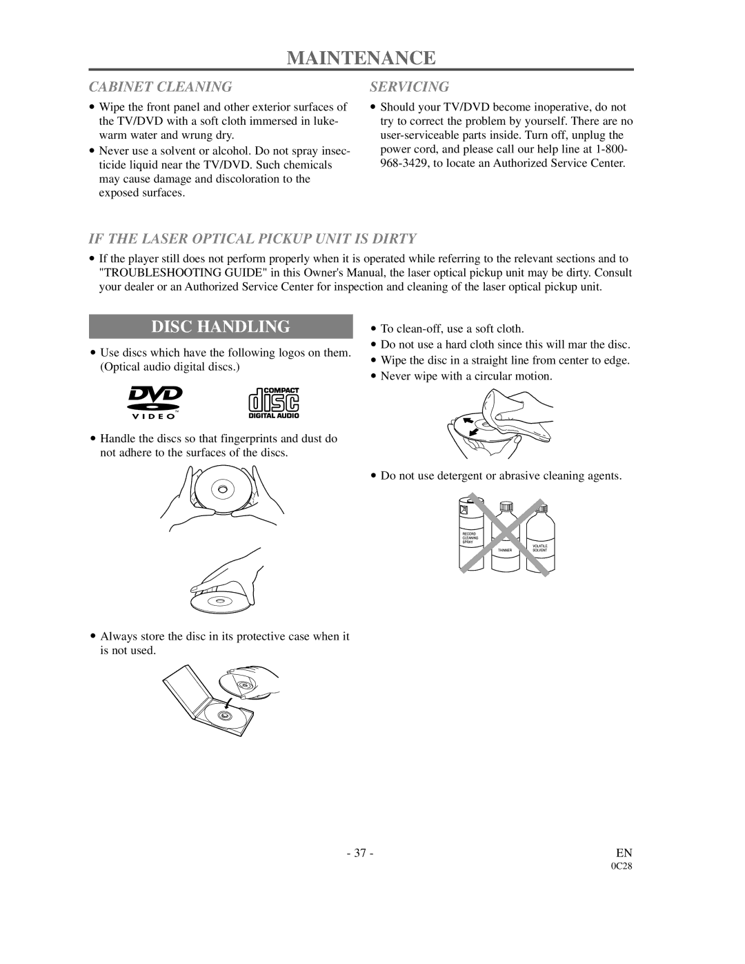 FUNAI 6513DA Maintenance, Disc Handling, Cabinet Cleaning, Servicing, If the Laser Optical Pickup Unit is Dirty 