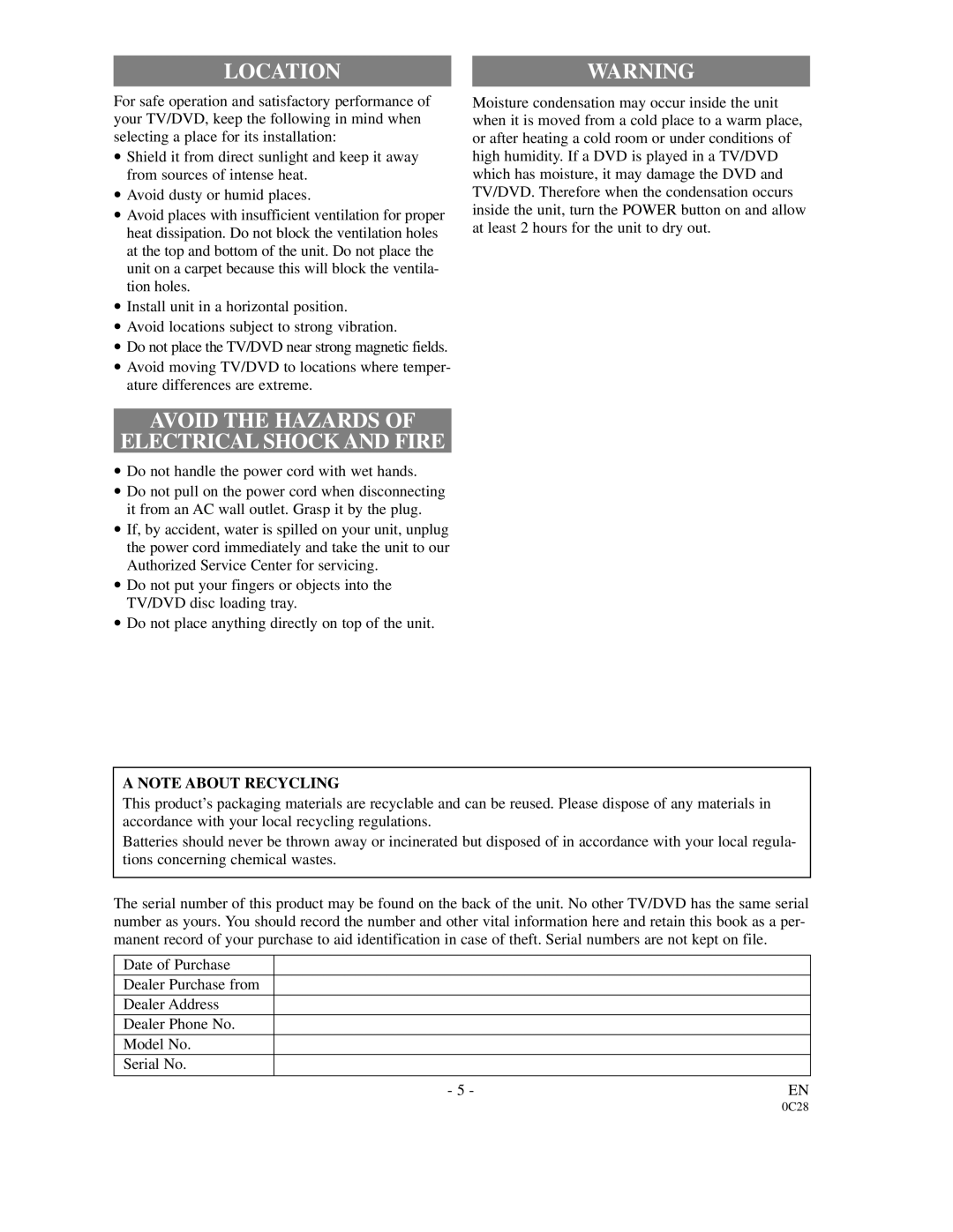 FUNAI 6513DA owner manual Location, Avoid the Hazards Electrical Shock and Fire 