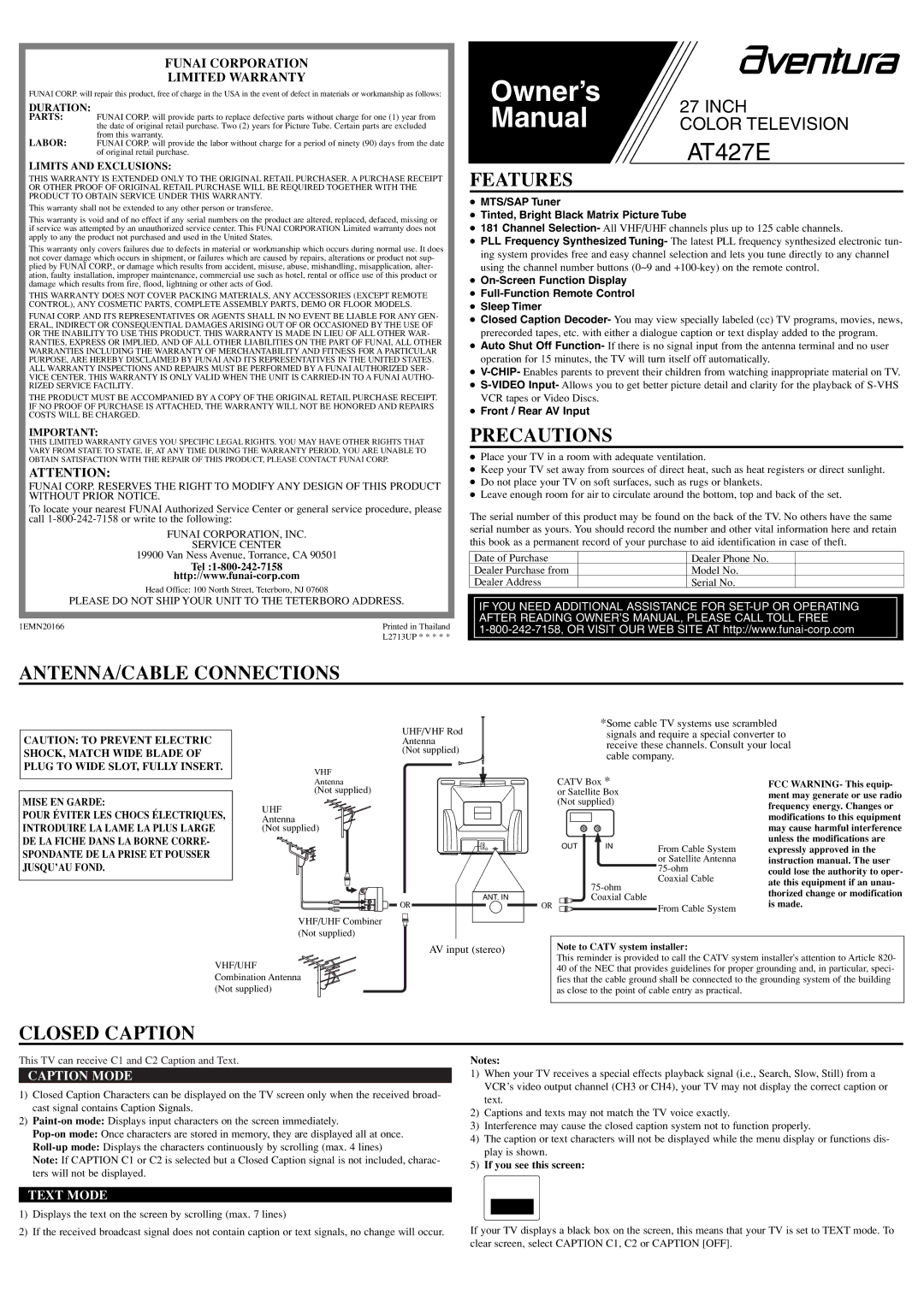 FUNAI AT427E owner manual Features, Precautions, ANTENNA/CABLE Connections, Closed Caption 