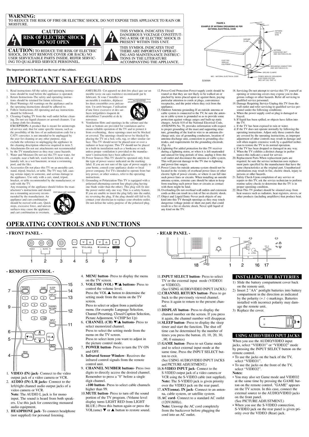 FUNAI AT427E owner manual Important Safeguards, Risk of Electric Shock, Do not Open, Remote Control Rear Panel 