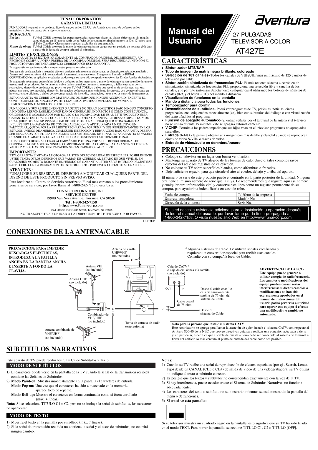 FUNAI AT427E owner manual Características, Precauciones, Conexiones DE LA ANTENA/CABLE, Subtitulos Narrativos 