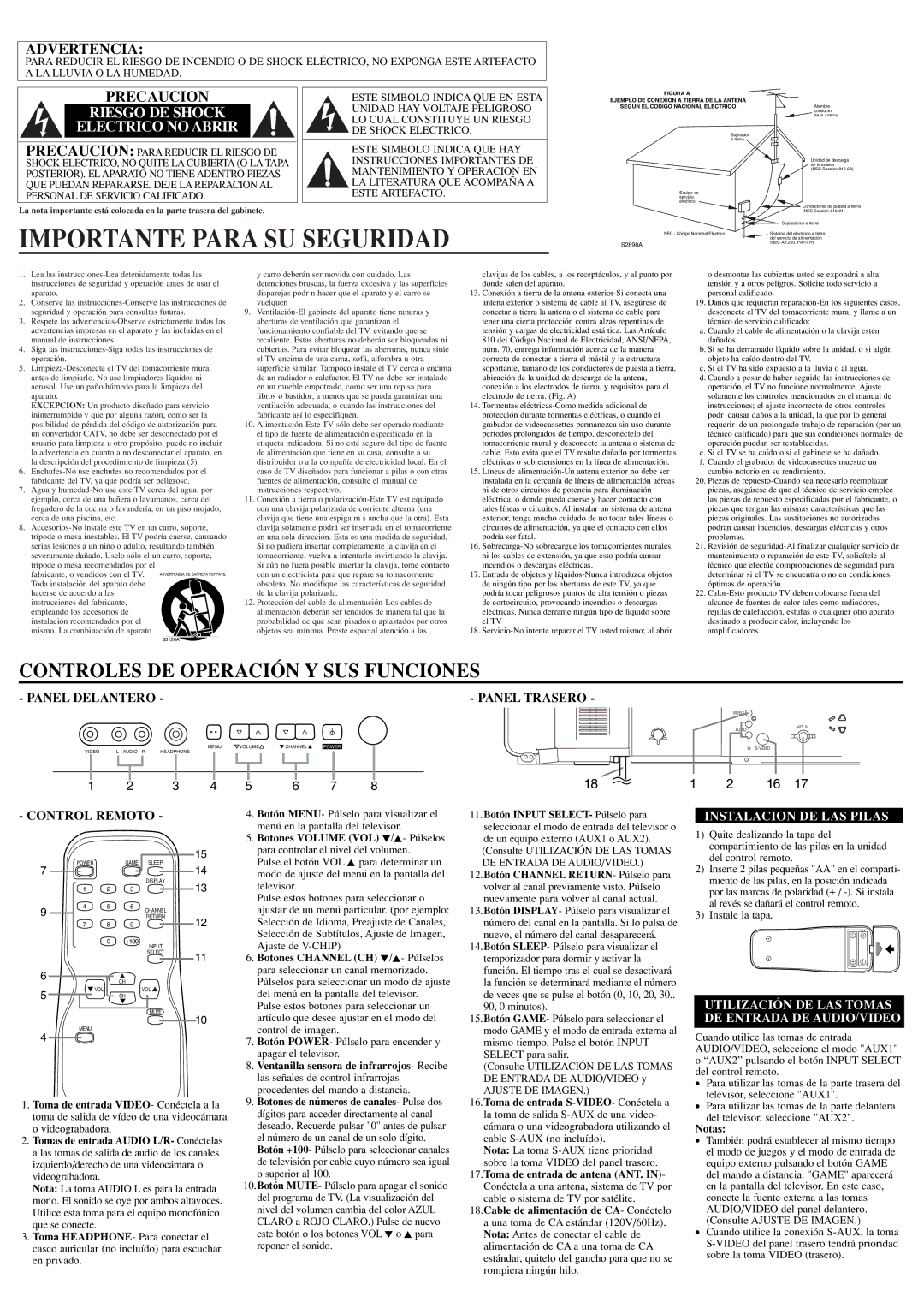 FUNAI AT427E owner manual Importante Para SU Seguridad, Electrico no Abrir, Instalacion DE LAS Pilas 