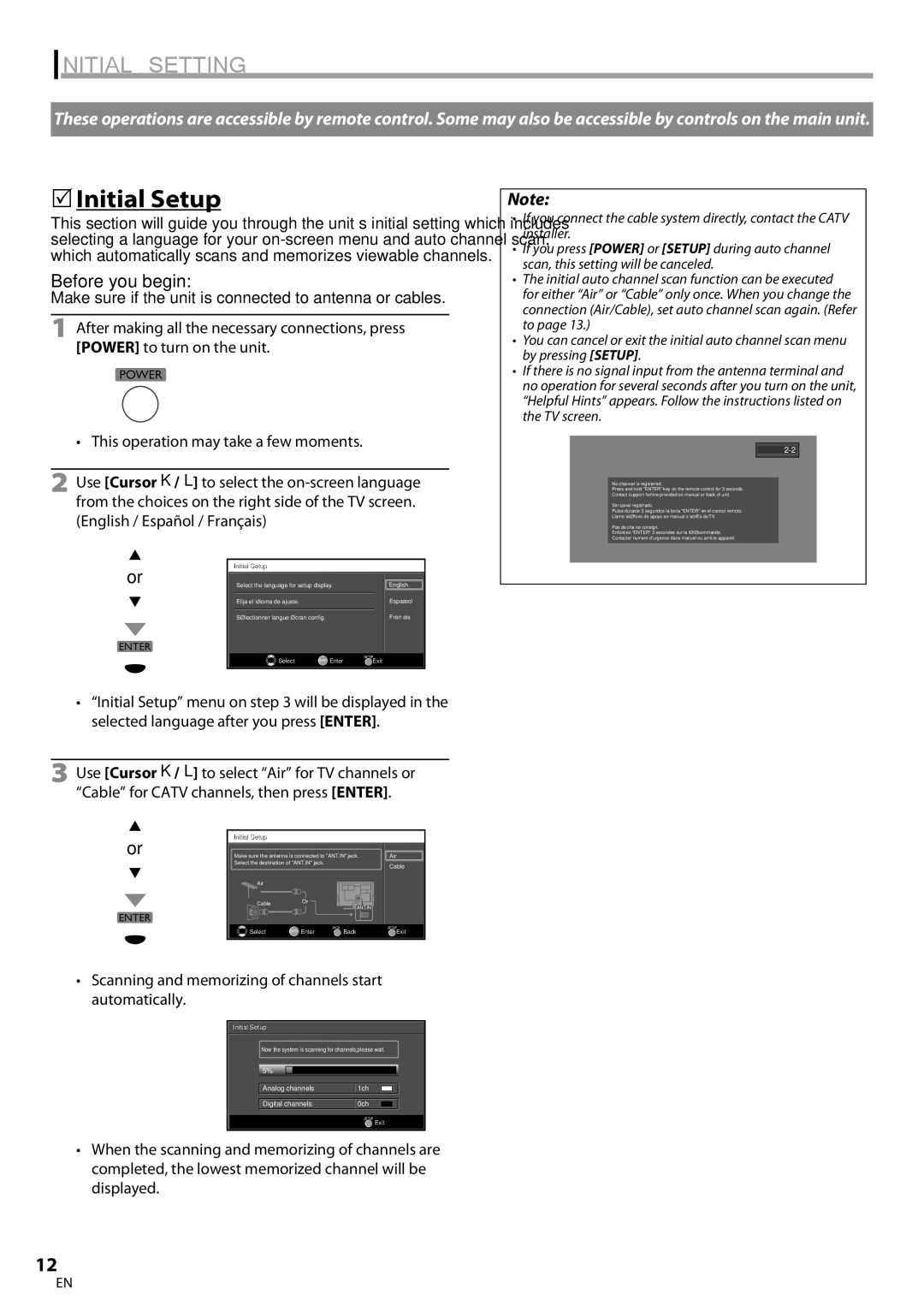 FUNAI BLC320EM9 Initial Setting, 5Initial Setup, Before you begin, Make sure if the unit is connected to antenna or cables 