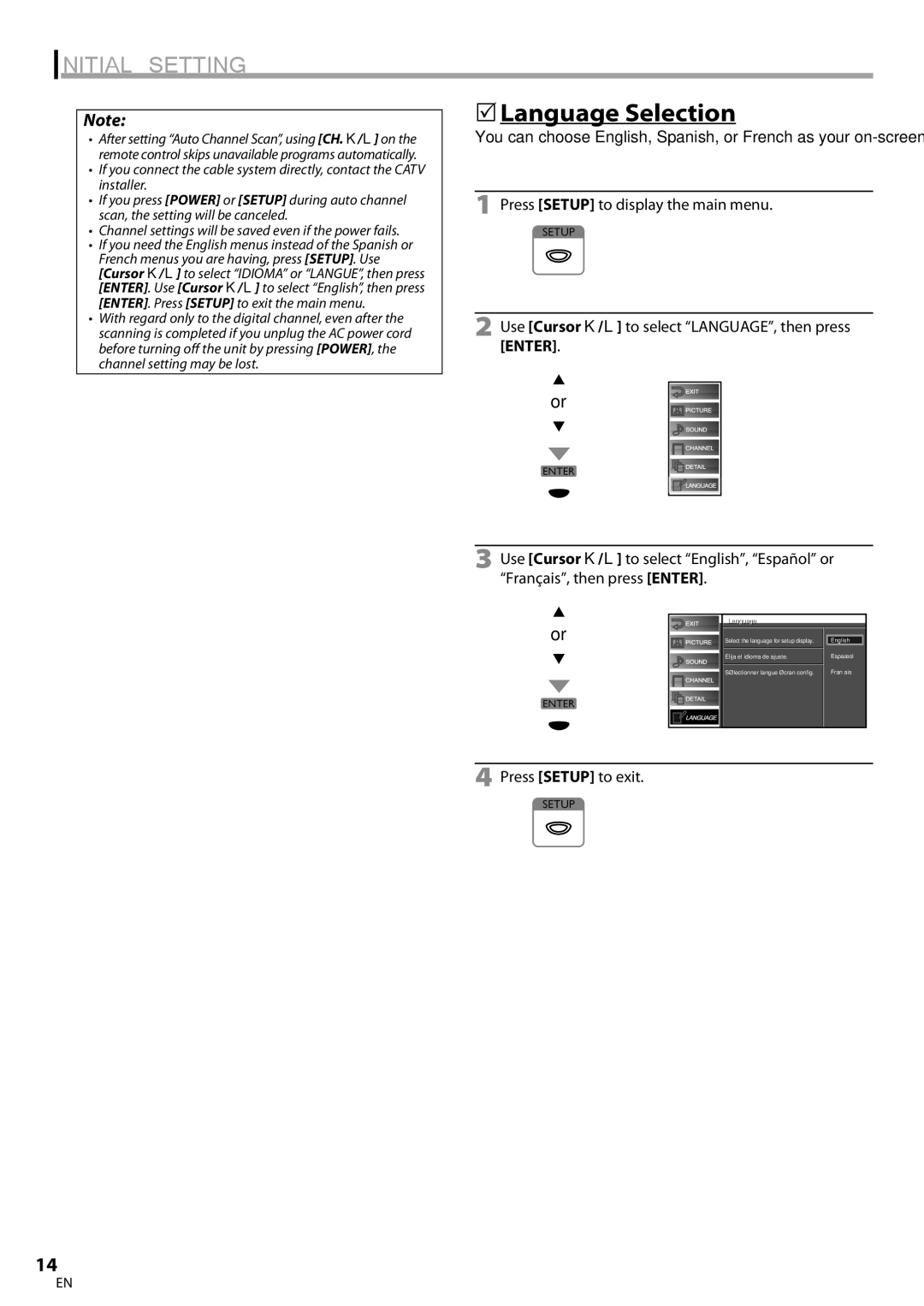 FUNAI BLC320EM9 owner manual 5Language Selection, Press Setup to exit 