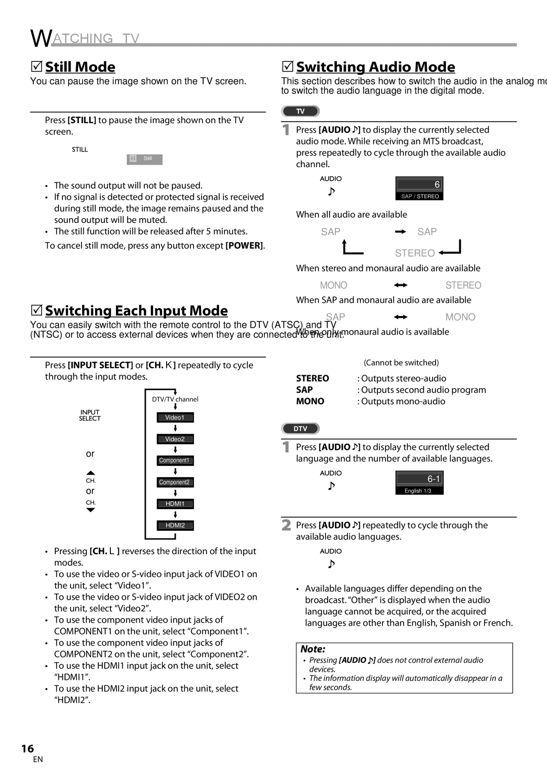 FUNAI BLC320EM9 owner manual 5Still Mode, 5Switching Each Input Mode, 5Switching Audio Mode 