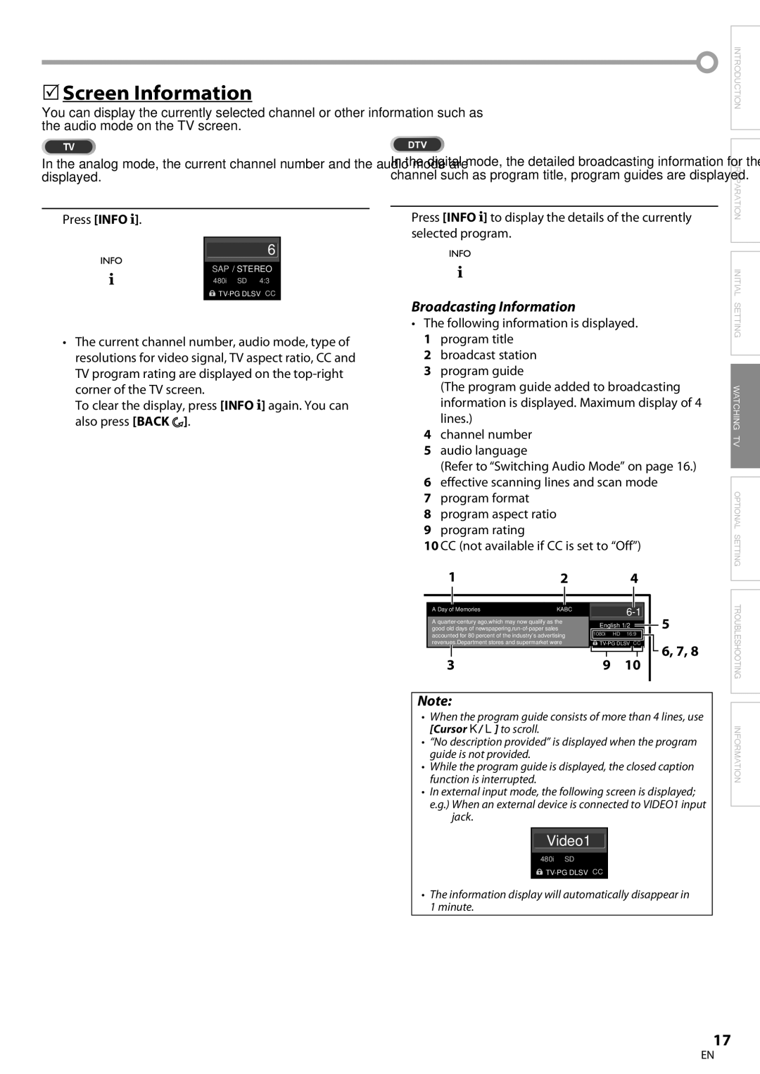 FUNAI BLC320EM9 owner manual 5Screen Information, Broadcasting Information, Press Info, Day of Memories 