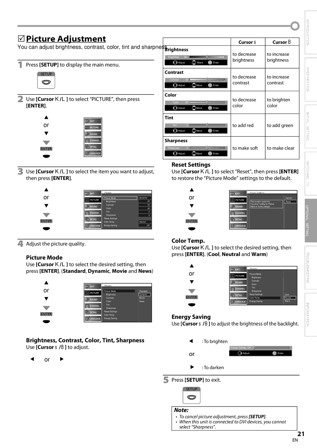 FUNAI BLC320EM9 owner manual 5Picture Adjustment, Color Temp, Picture Mode, Brightness, Contrast, Color, Tint, Sharpness 