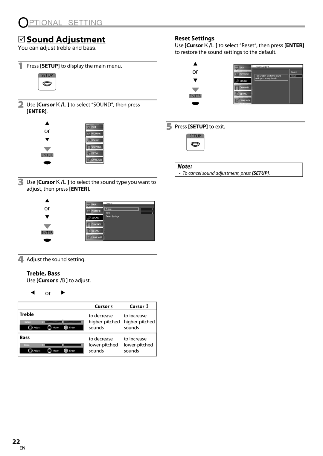 FUNAI BLC320EM9 owner manual 5Sound Adjustment, Reset Settings, Treble, Bass, You can adjust treble and bass 