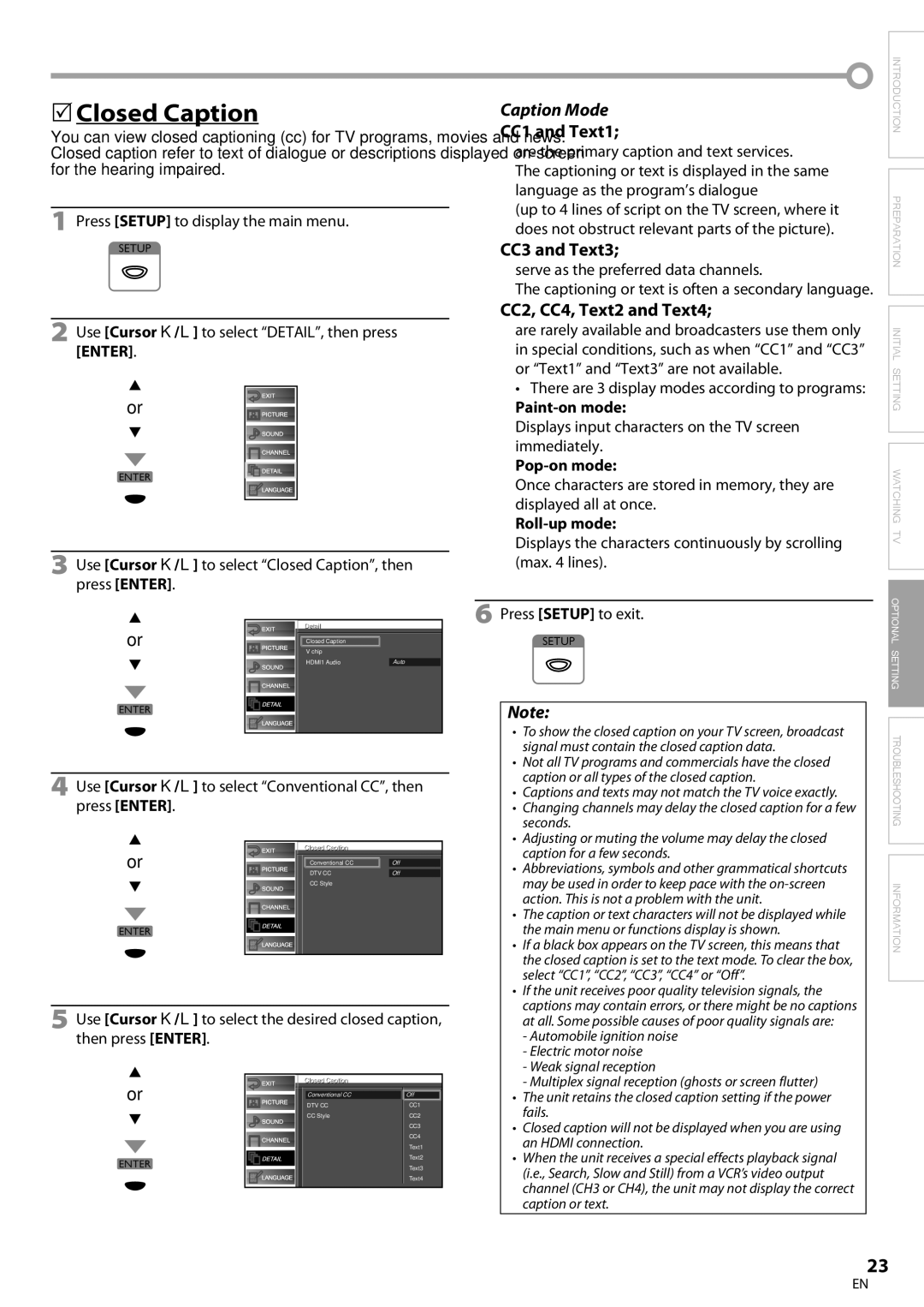 FUNAI BLC320EM9 owner manual 5Closed Caption, Caption Mode, CC1 and Text1, CC3 and Text3, CC2, CC4, Text2 and Text4 