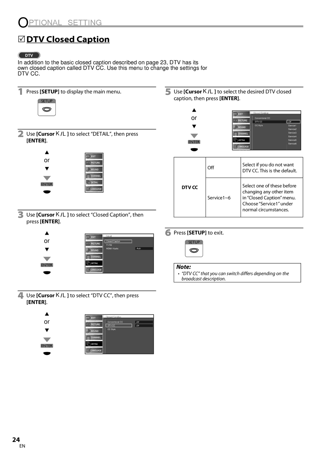 FUNAI BLC320EM9 owner manual 5DTV Closed Caption, Dtv Cc, Use Cursor K/L to select DTV CC, then press Enter 