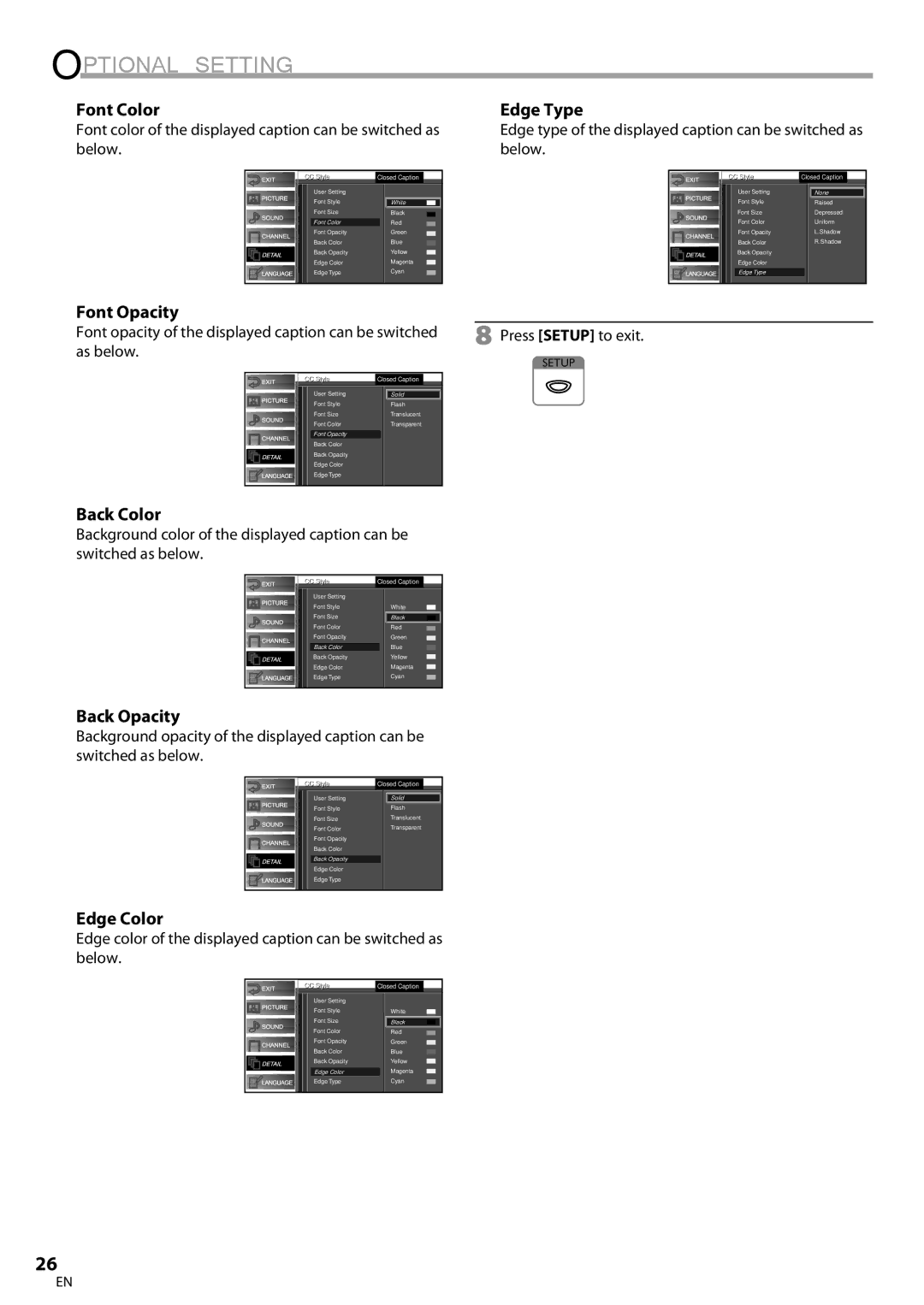 FUNAI BLC320EM9 owner manual Font Color, Edge Type, Back Color, Back Opacity, Edge Color 