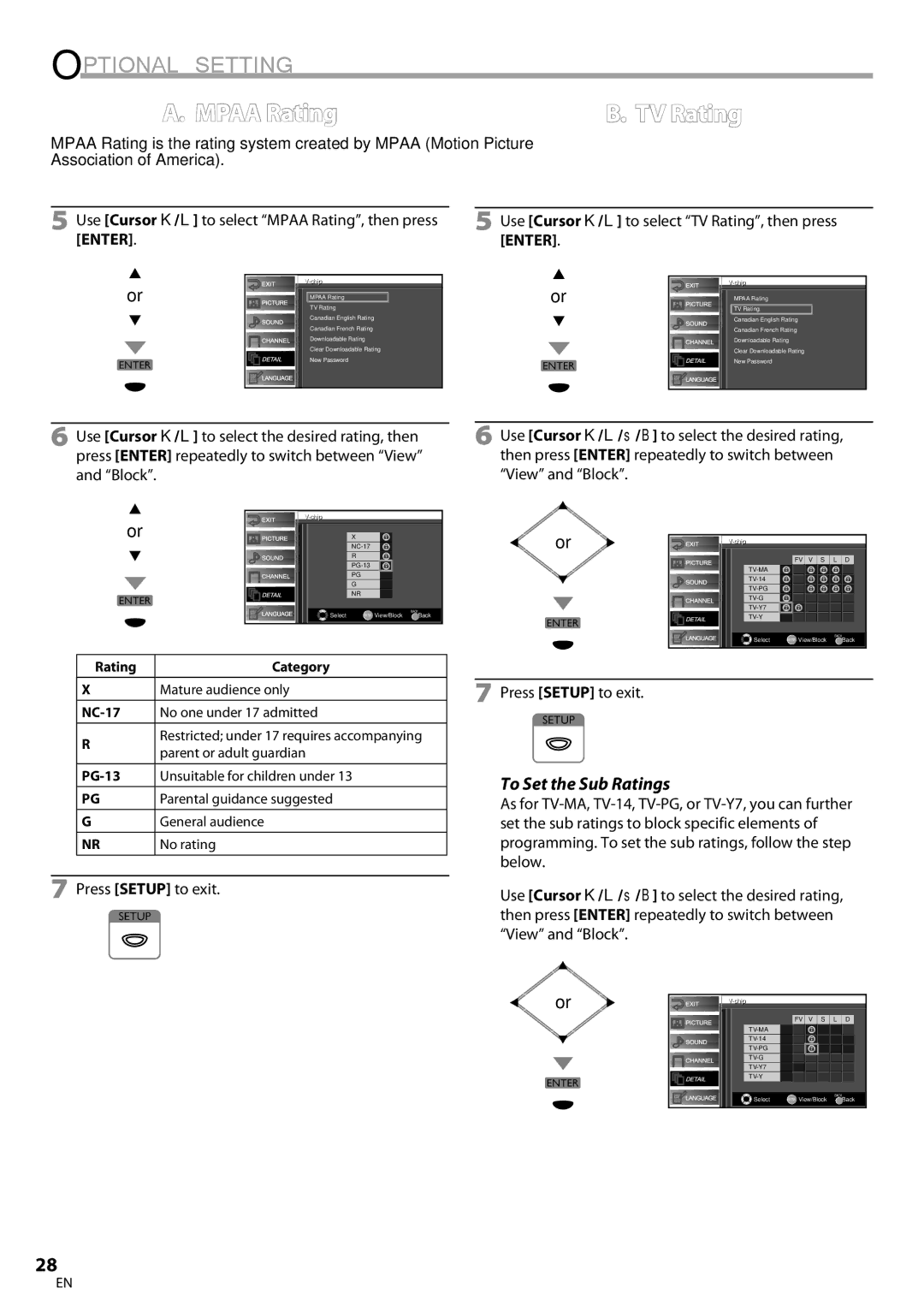 FUNAI BLC320EM9 owner manual To Set the Sub Ratings, Use Cursor K/L to select Mpaa Rating, then press Enter, Chipip 