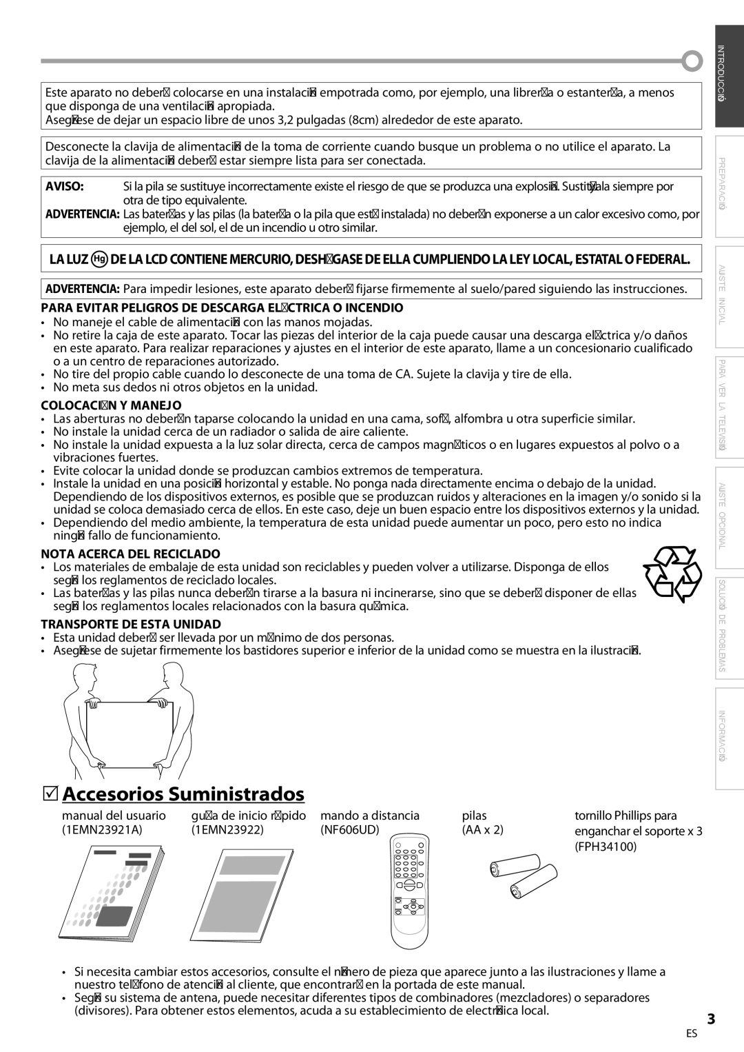 FUNAI BLC320EM9 5Accesorios Suministrados, Para Evitar Peligros DE Descarga Eléctrica O Incendio, Colocación Y Manejo 