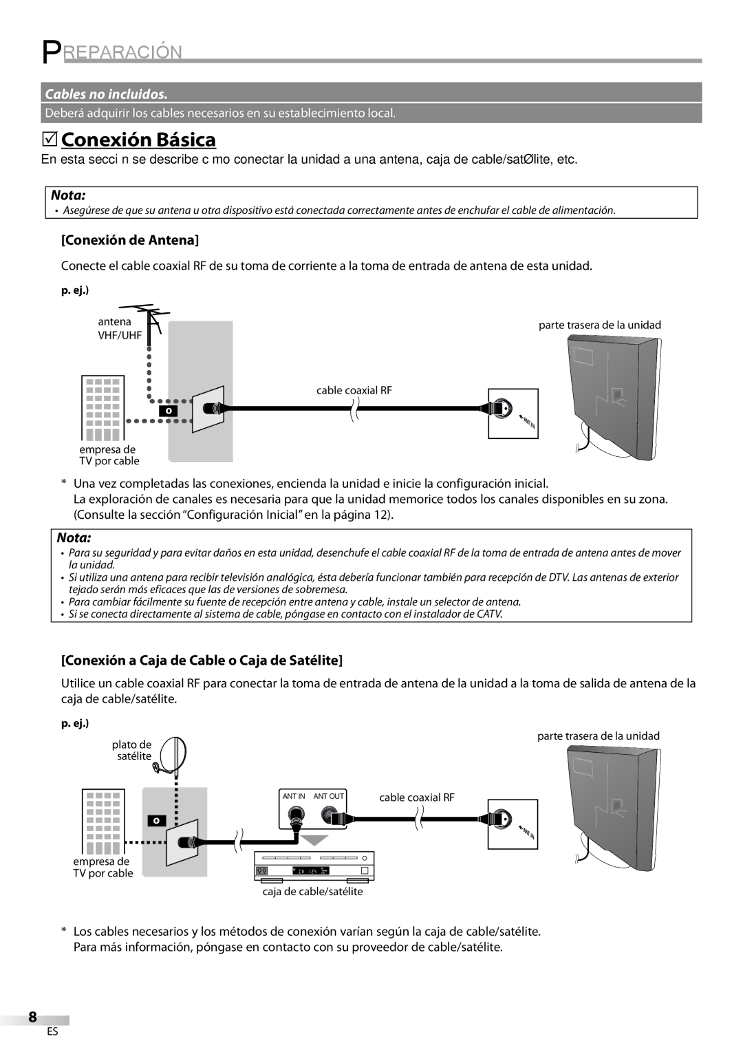 FUNAI BLC320EM9 owner manual Preparación, 5Conexión Básica, Conexión de Antena, Conexión a Caja de Cable o Caja de Satélite 