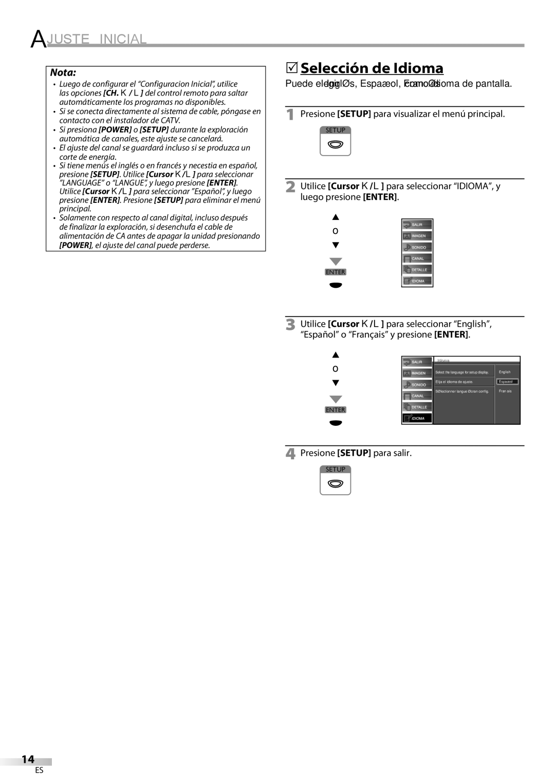 FUNAI BLC320EM9 owner manual 5Selección de Idioma, Presione Setup para salir, IdiomaI 