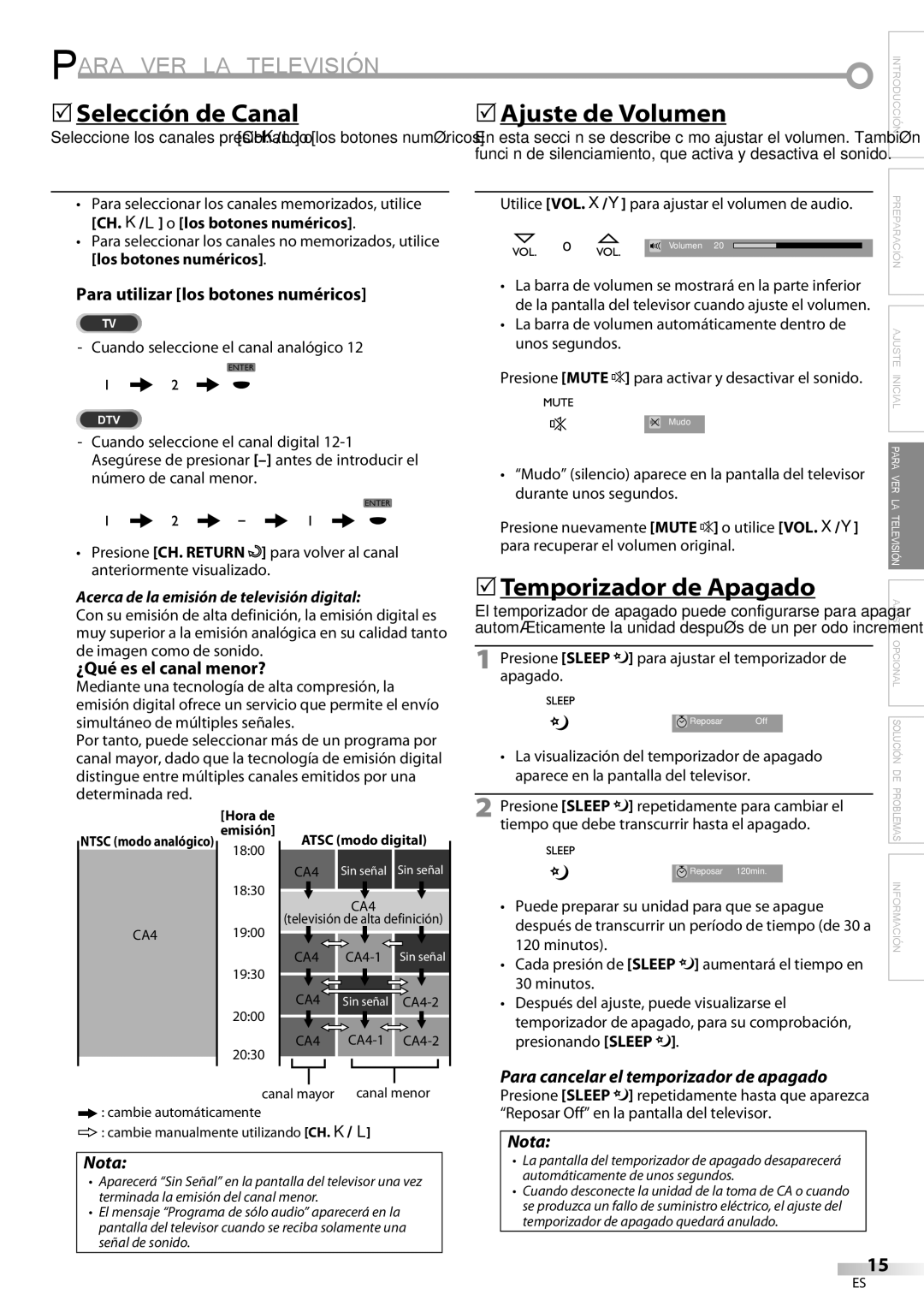 FUNAI BLC320EM9 owner manual Para VER LA Televisión, 5Selección de Canal, 5Ajuste de Volumen, 5Temporizador de Apagado 