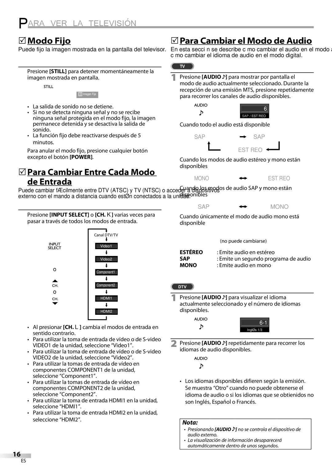 FUNAI BLC320EM9 owner manual 5Modo Fijo, 5Para Cambiar Entre Cada Modo de Entrada, 5Para Cambiar el Modo de Audio, Estéreo 