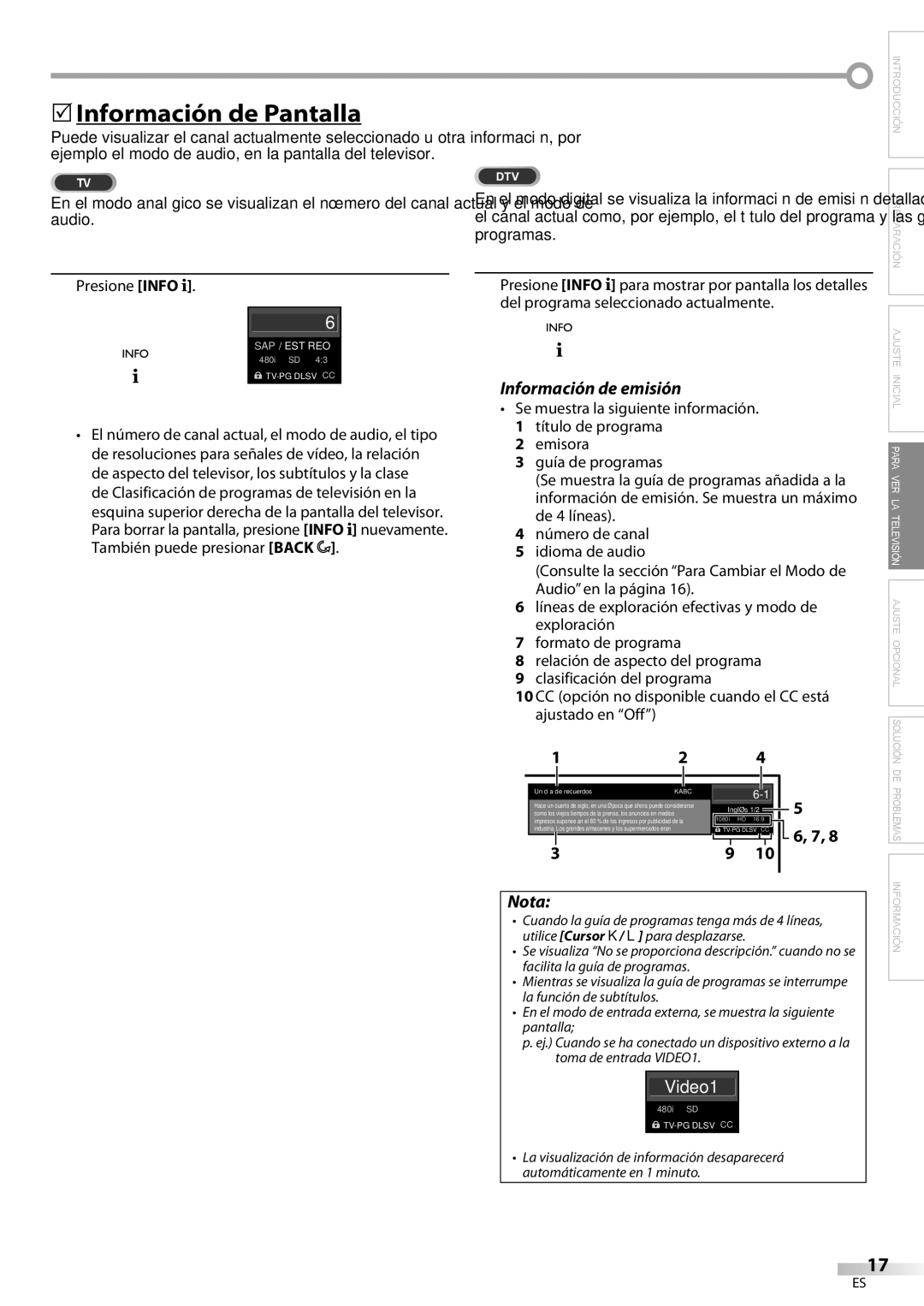 FUNAI BLC320EM9 5Información de Pantalla, Información de emisión, Presione Info, Un día ía de recuerdos, Inglés 1/2 