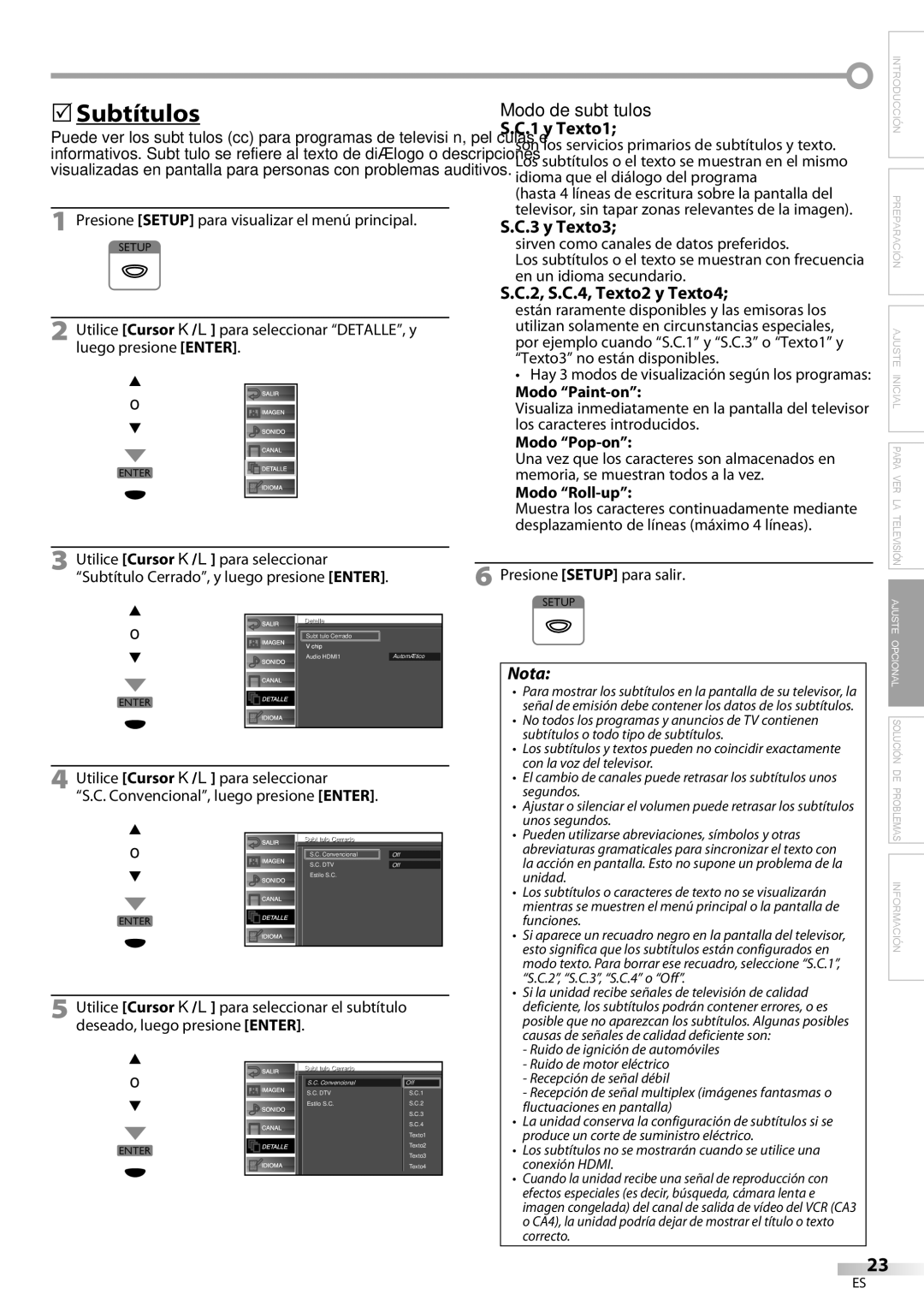 FUNAI BLC320EM9 owner manual Subtítulos, y Texto1, Modo de subtítulos, y Texto3, 2, S.C.4, Texto2 y Texto4 