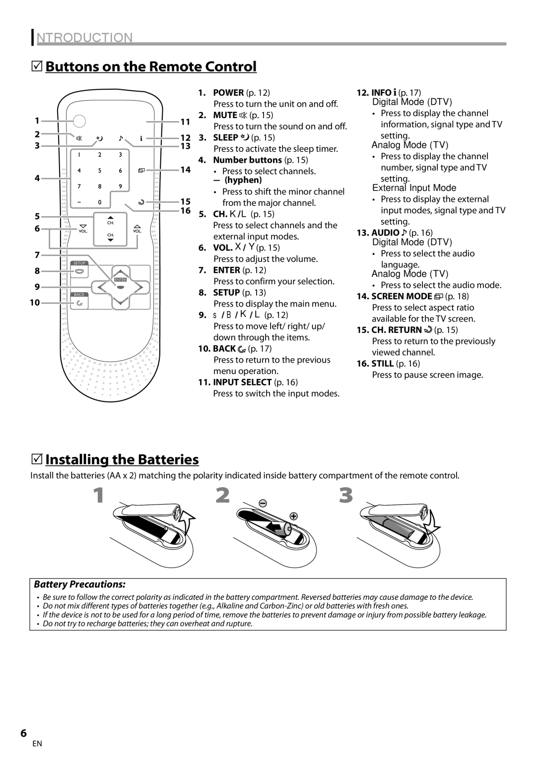 FUNAI BLC320EM9 owner manual 5Buttons on the Remote Control, 5Installing the Batteries, Battery Precautions, Mute, Sleep 