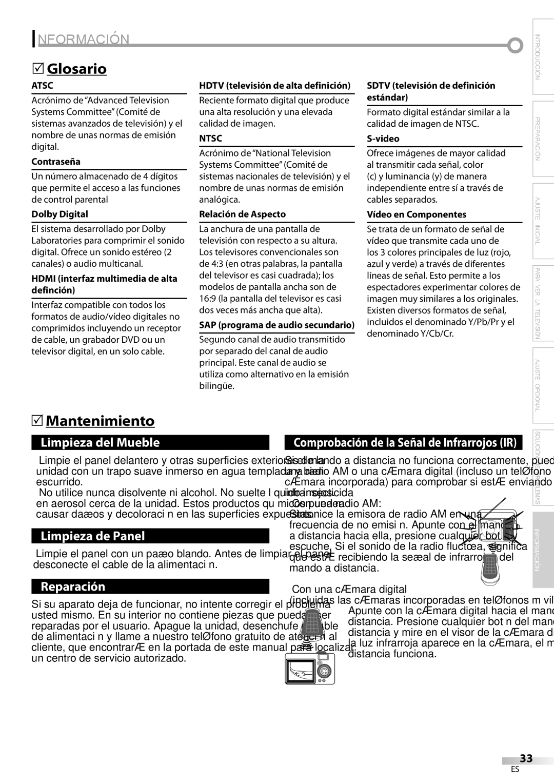 FUNAI BLC320EM9 owner manual Información, Glosario, Mantenimiento, Mando a distancia, Con una cámara digital 