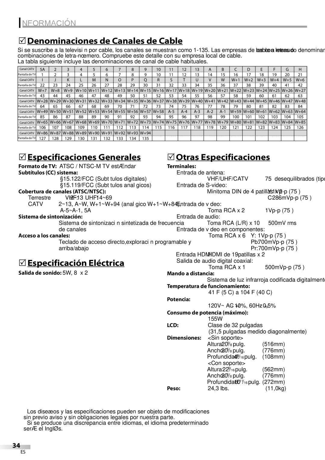 FUNAI BLC320EM9 5Denominaciones de Canales de Cable, 5Especificaciones Generales, 5Especificación Eléctrica, Vhf/Uhf/Catv 