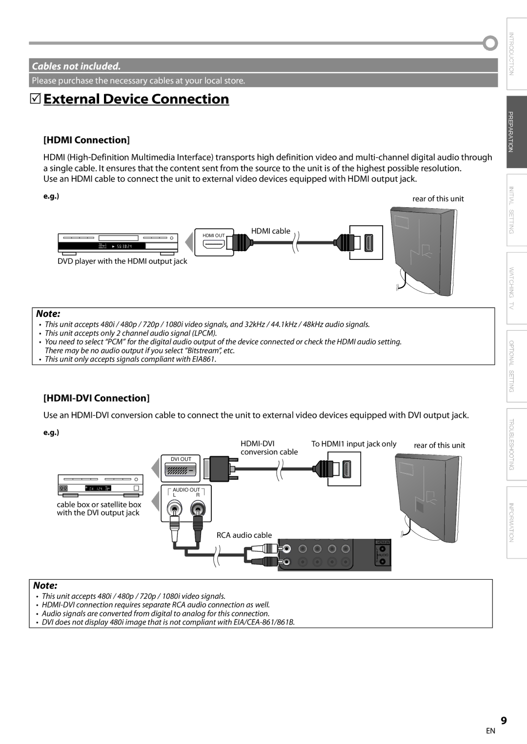 FUNAI BLC320EM9 owner manual 5External Device Connection, Hdmi Connection, HDMI-DVI Connection 