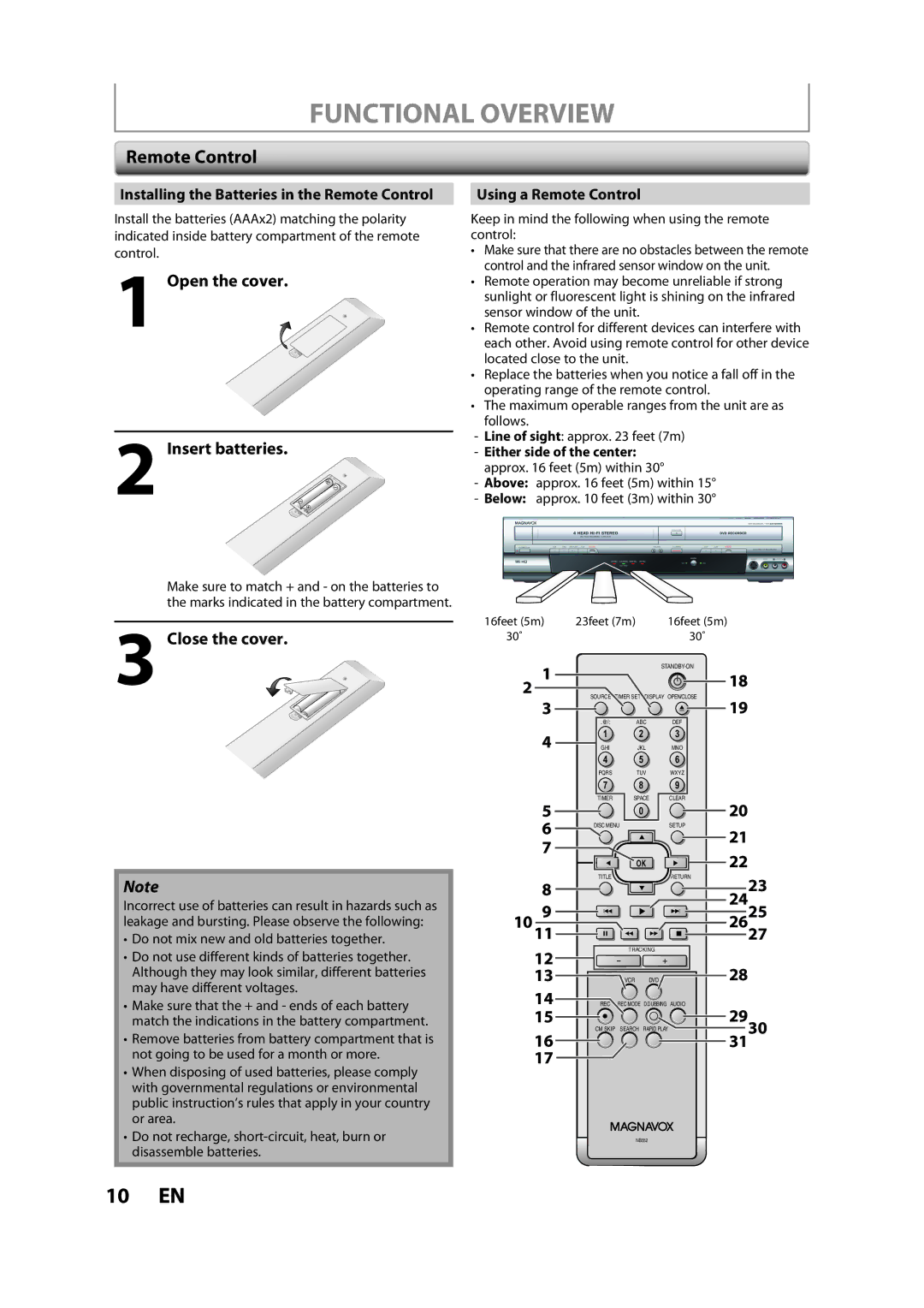 FUNAI BZV420MW8 owner manual Open the cover Insert batteries, Close the cover, Using a Remote Control 