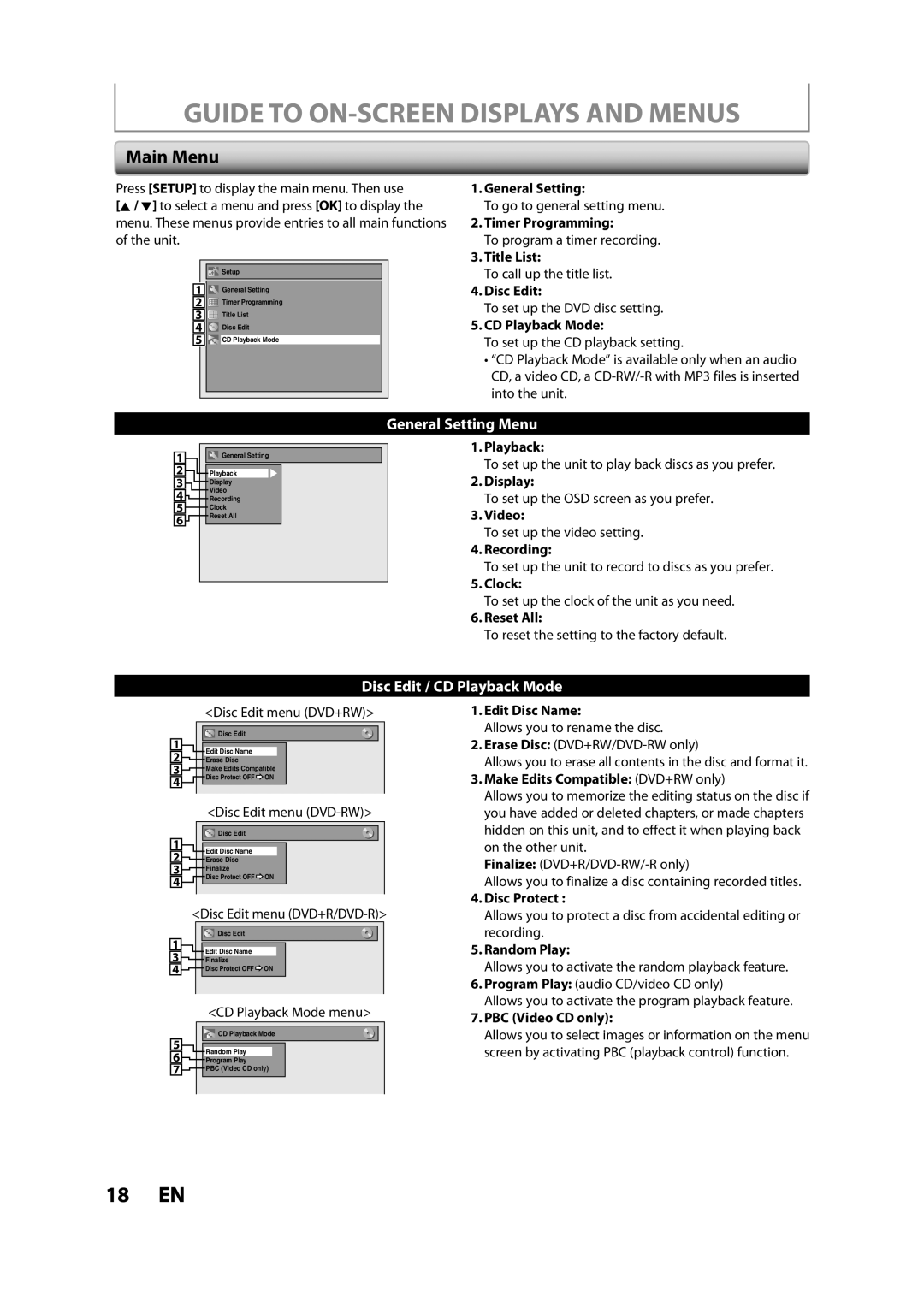 FUNAI BZV420MW8 owner manual Guide to ON-SCREEN Displays and Menus, Main Menu 