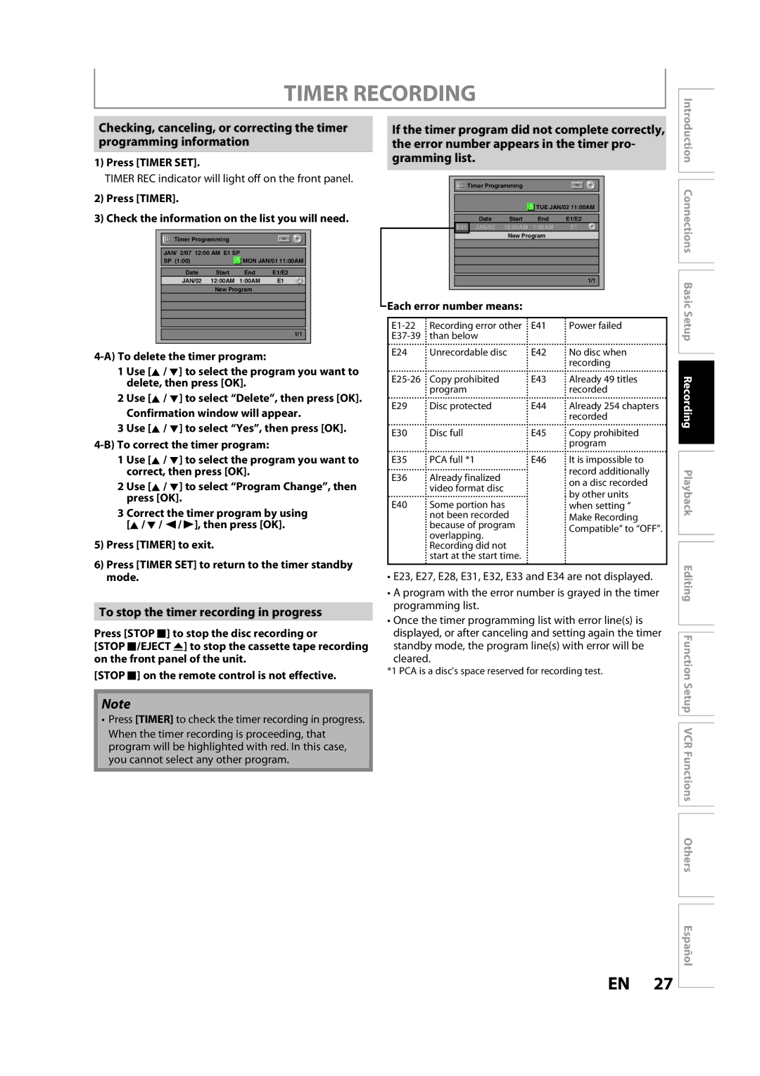 FUNAI BZV420MW8 owner manual To stop the timer recording in progress, Press Timer SET, Cleared 