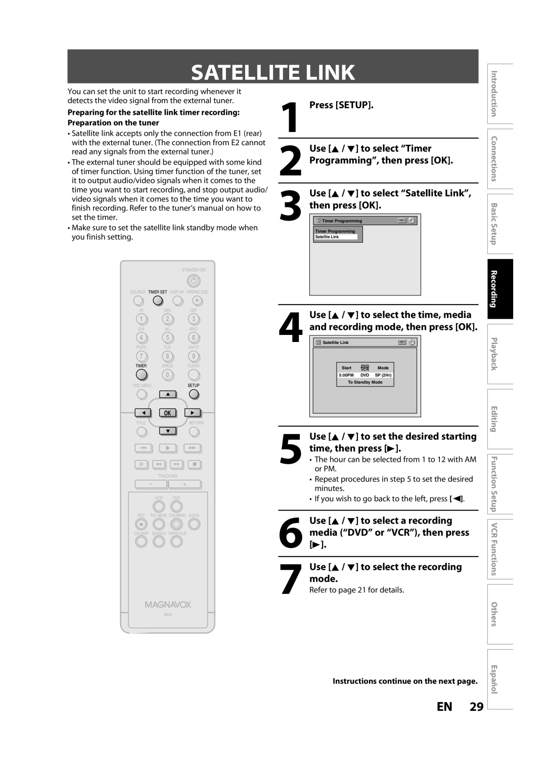 FUNAI BZV420MW8 owner manual Satellite Link, Then press OK, Use K / L to set the desired starting time, then press B 