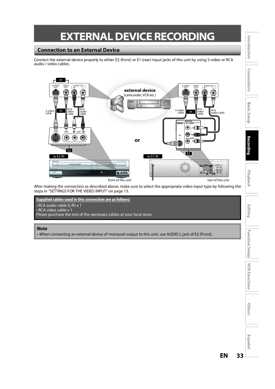 FUNAI BZV420MW8 owner manual External Device Recording, Connection to an External Device, External device 