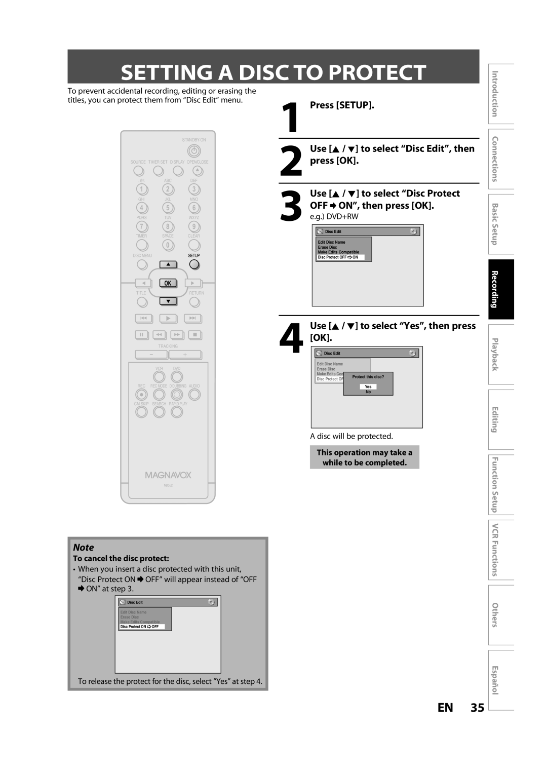 FUNAI BZV420MW8 owner manual Setting a Disc to Protect, Use K / L to select Yes, then press OK, To cancel the disc protect 