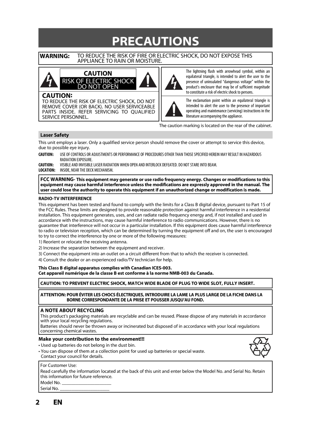 FUNAI BZV420MW8 owner manual Precautions, Laser Safety, Make your contribution to the environment 