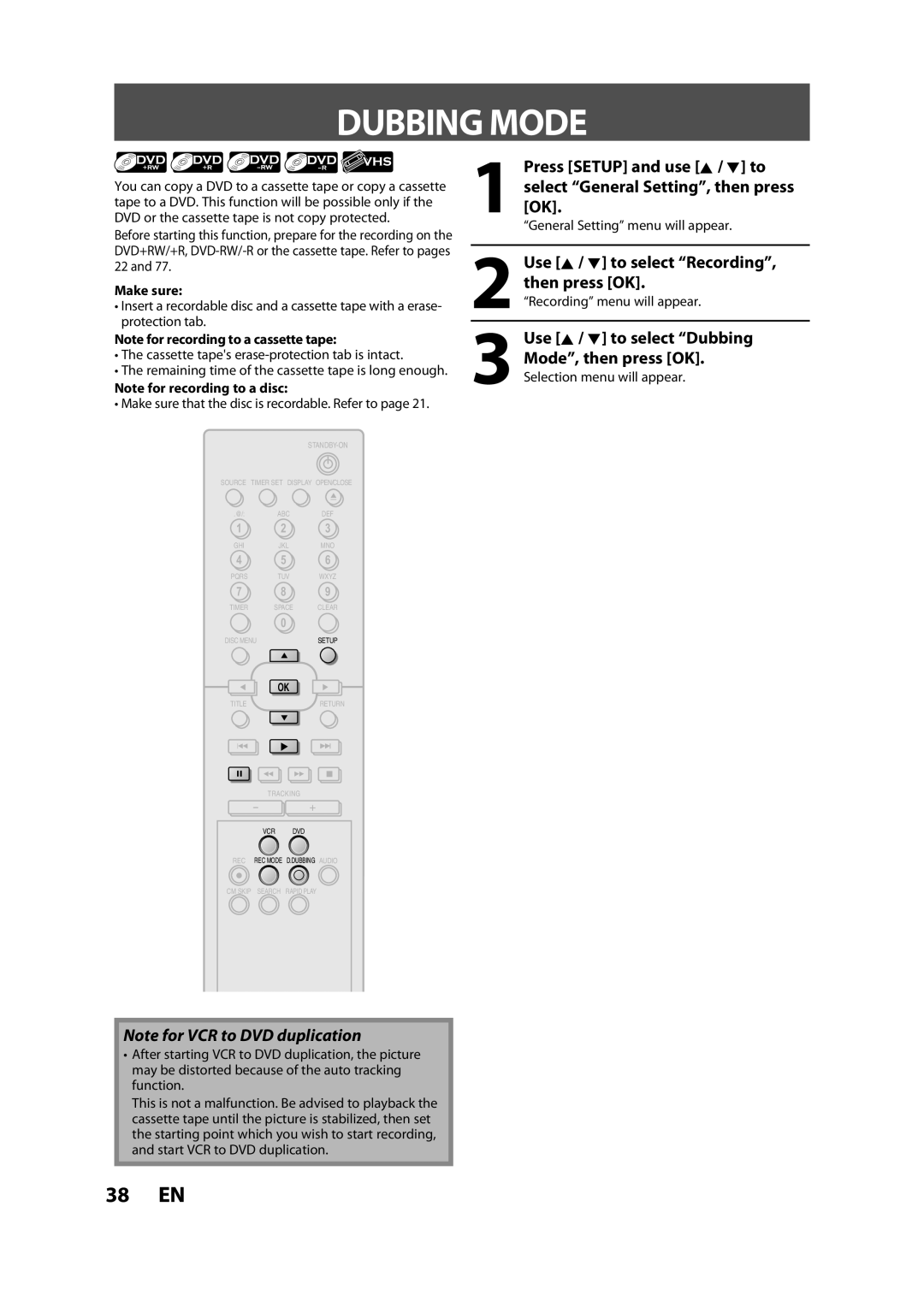 FUNAI BZV420MW8 Dubbing Mode, Use K / L to select Recording, then press OK, Make sure, Recording menu will appear 