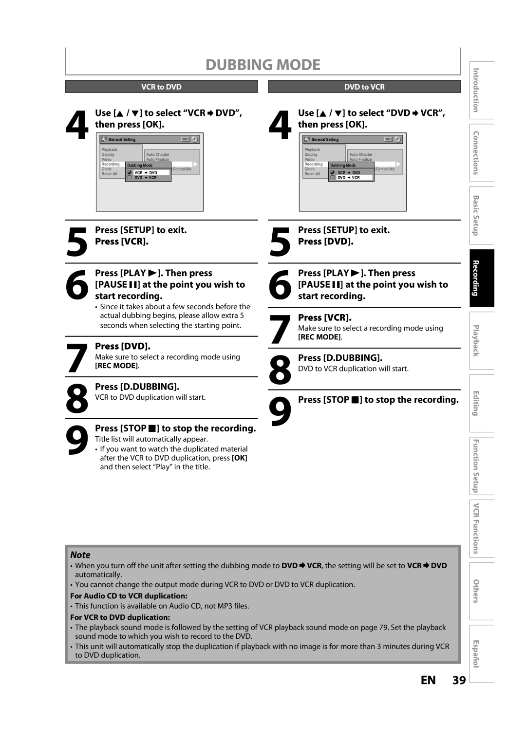 FUNAI BZV420MW8 owner manual Dubbing Mode, Press D.DUBBING, Press Stop C to stop the recording, VCR to DVD DVD to VCR 
