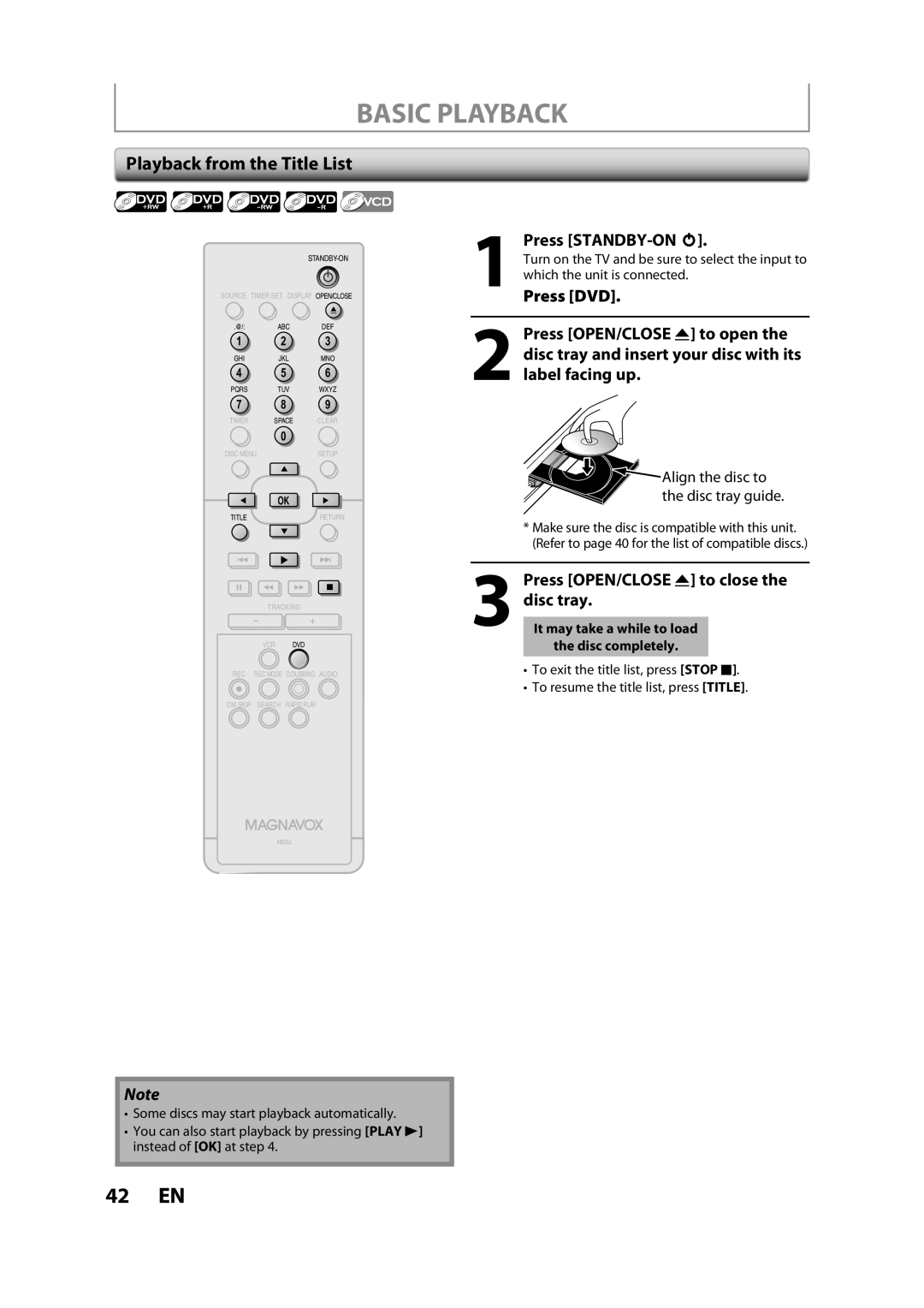 FUNAI BZV420MW8 owner manual Basic Playback, Playback from the Title List, Press OPEN/CLOSE a to close the disc tray 