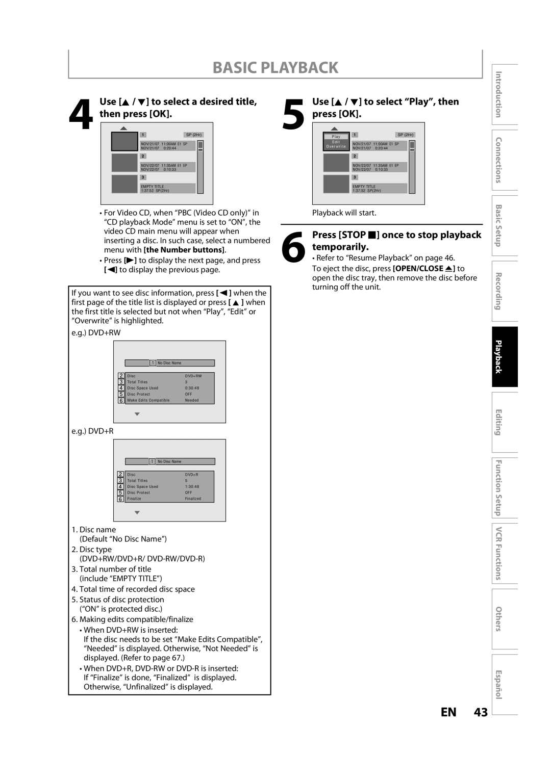 FUNAI BZV420MW8 owner manual Use K / L to select a desired title, Temporarily, Use K / L to select Play, then, Press OK 