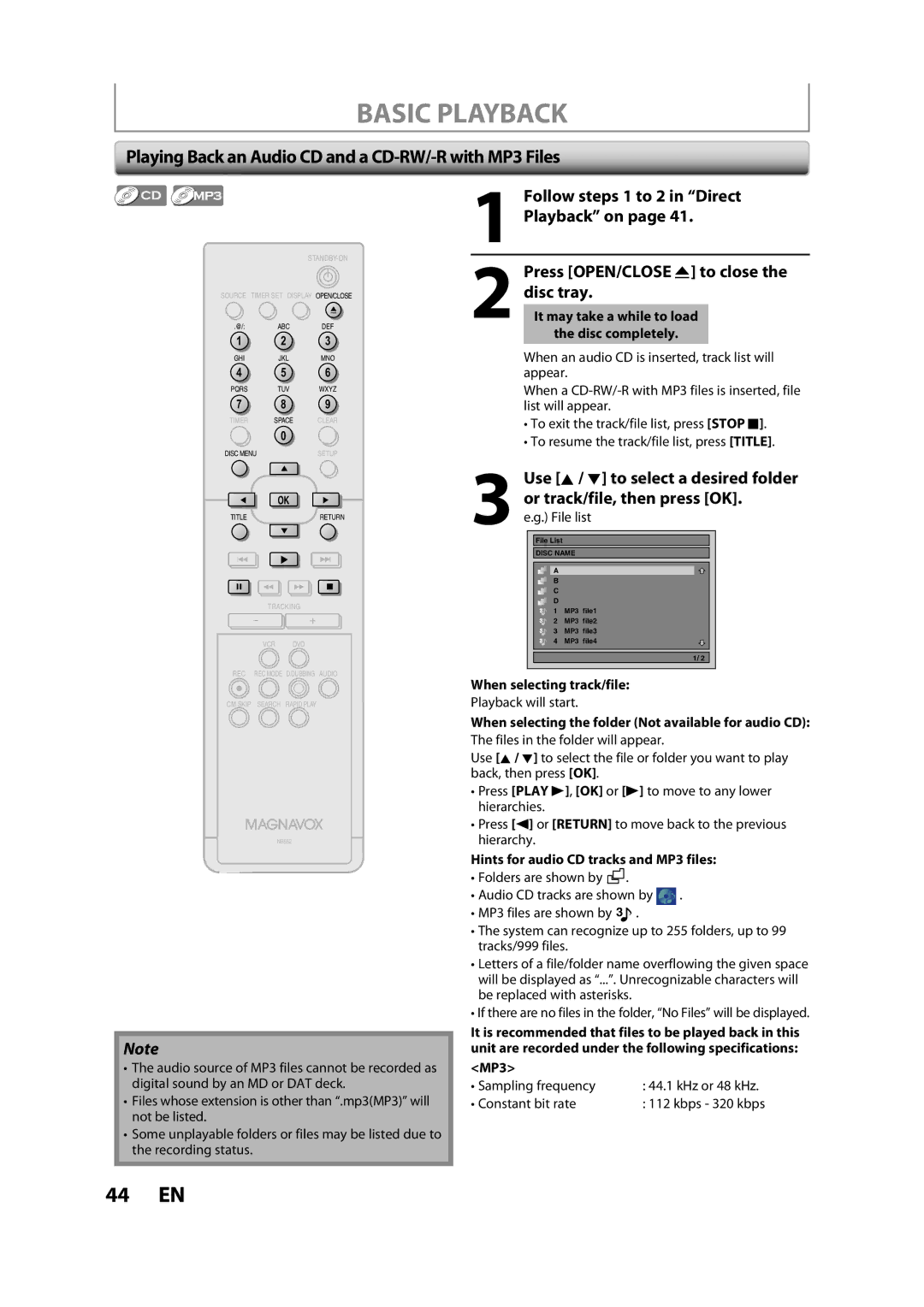 FUNAI BZV420MW8 Playing Back an Audio CD and a CD-RW/-R with MP3 Files, Follow steps 1 to 2 in Direct Playback on 