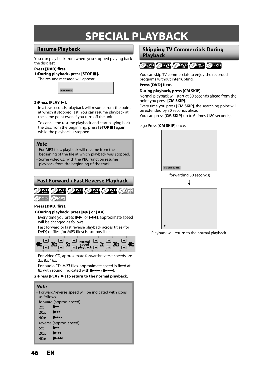 FUNAI BZV420MW8 owner manual Special Playback, Resume Playback, Fast Forward / Fast Reverse Playback 